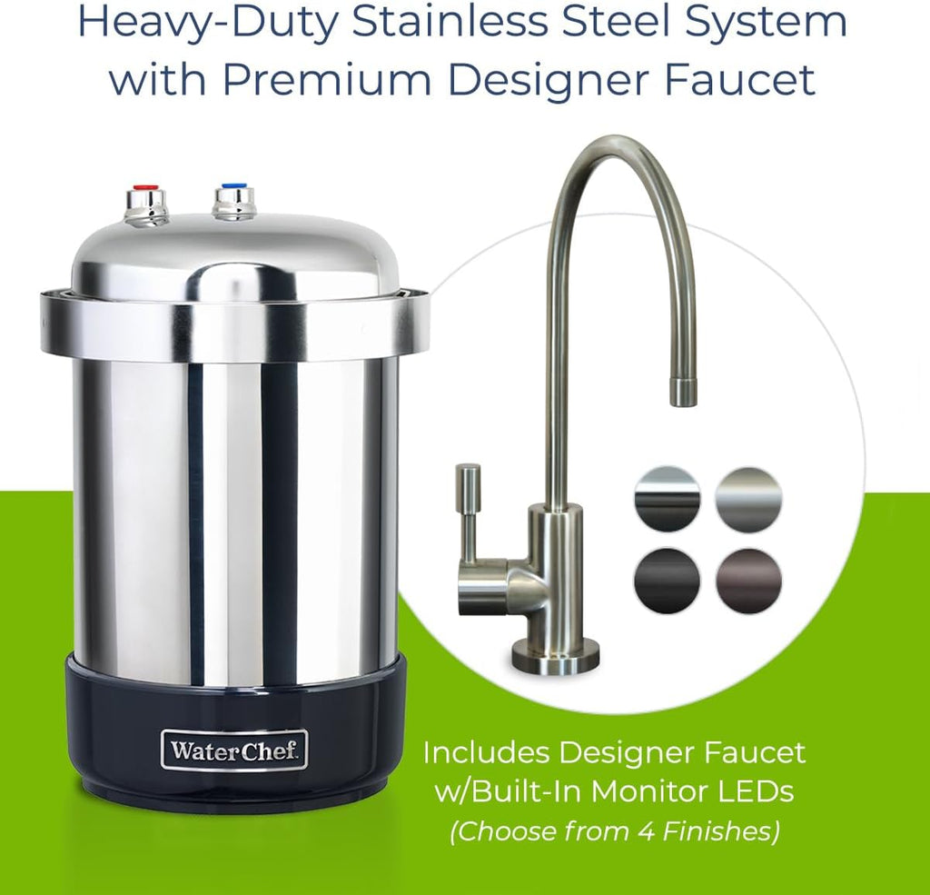 WaterChef U9000 Premium Under-Sink Water Filtration System w/Intelligent Monitor & Designer Series Faucet (Brushed Nickel), NSF/ANSI Certified for 78 Contaminants, 1,000 Gal., Stainless, Made in USA