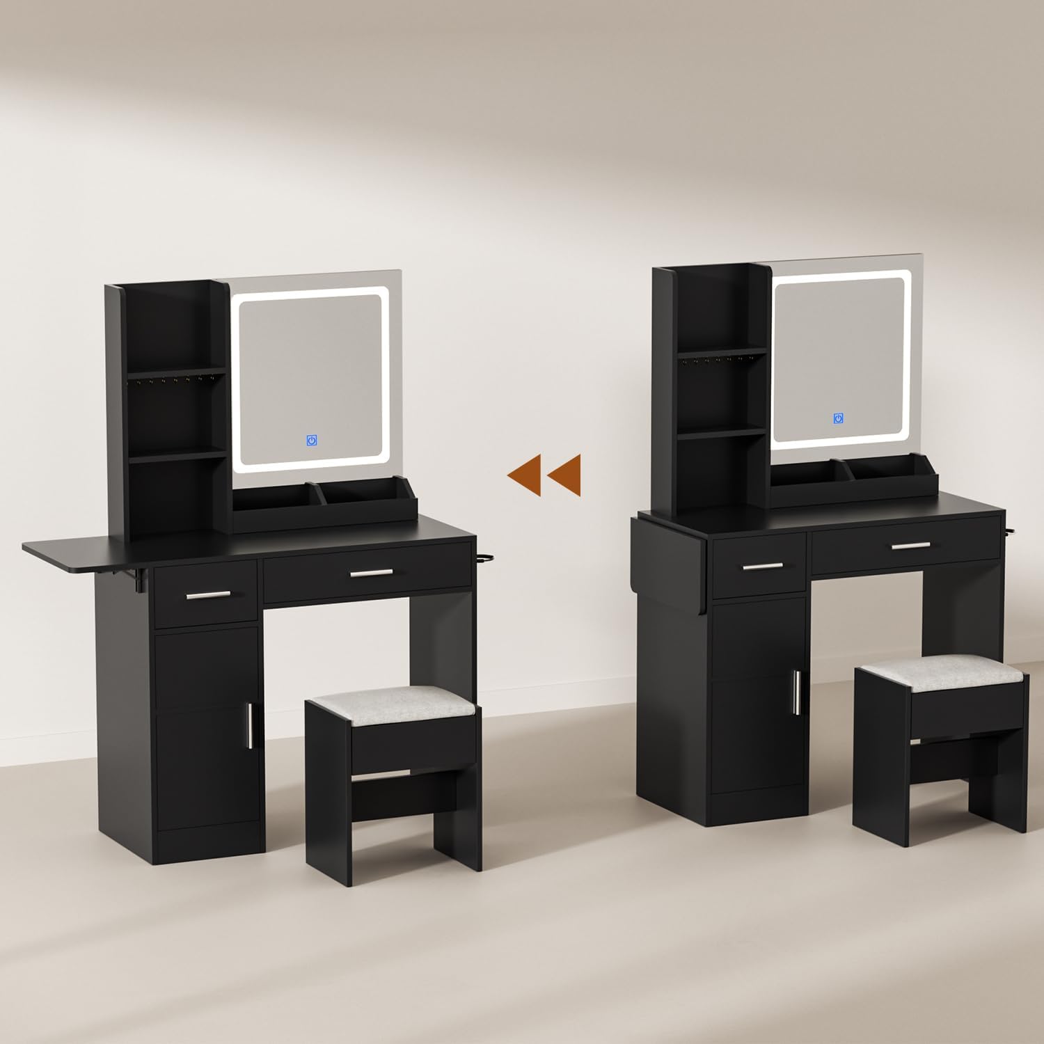 ERLEJIA Vanity Desk with Mirror and Lights & Extral Foldable Desk, 35.43' & 43.3' Makeup Vanity Table with Stool and Plug Outlet, 5 Drawers and Open Shelves Dressing Table for Bedroom,Black