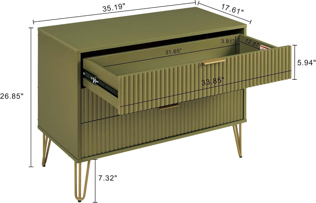 Manhattan Comfort DUMBO 2 Piece Modern Set, 3 Drawer Dresser, 1 Drawer Nightstand with Fluted Ribbed Front, Gold Metal Legs, No Tool Assembly, Storage Cabinet for Bedroom or Living Room in Olive Green