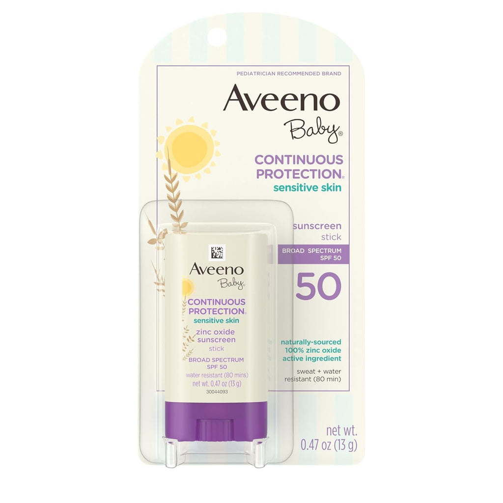 Aveeno Baby Continuous Protection Mineral Sunscreen Stick for Sensitive Skin with Broad Spectrum SPF 50 Protection for Face & Body, Naturally Sourced 100% Zinc Oxide, Travel Size, 0.47 oz (Pack of 12)