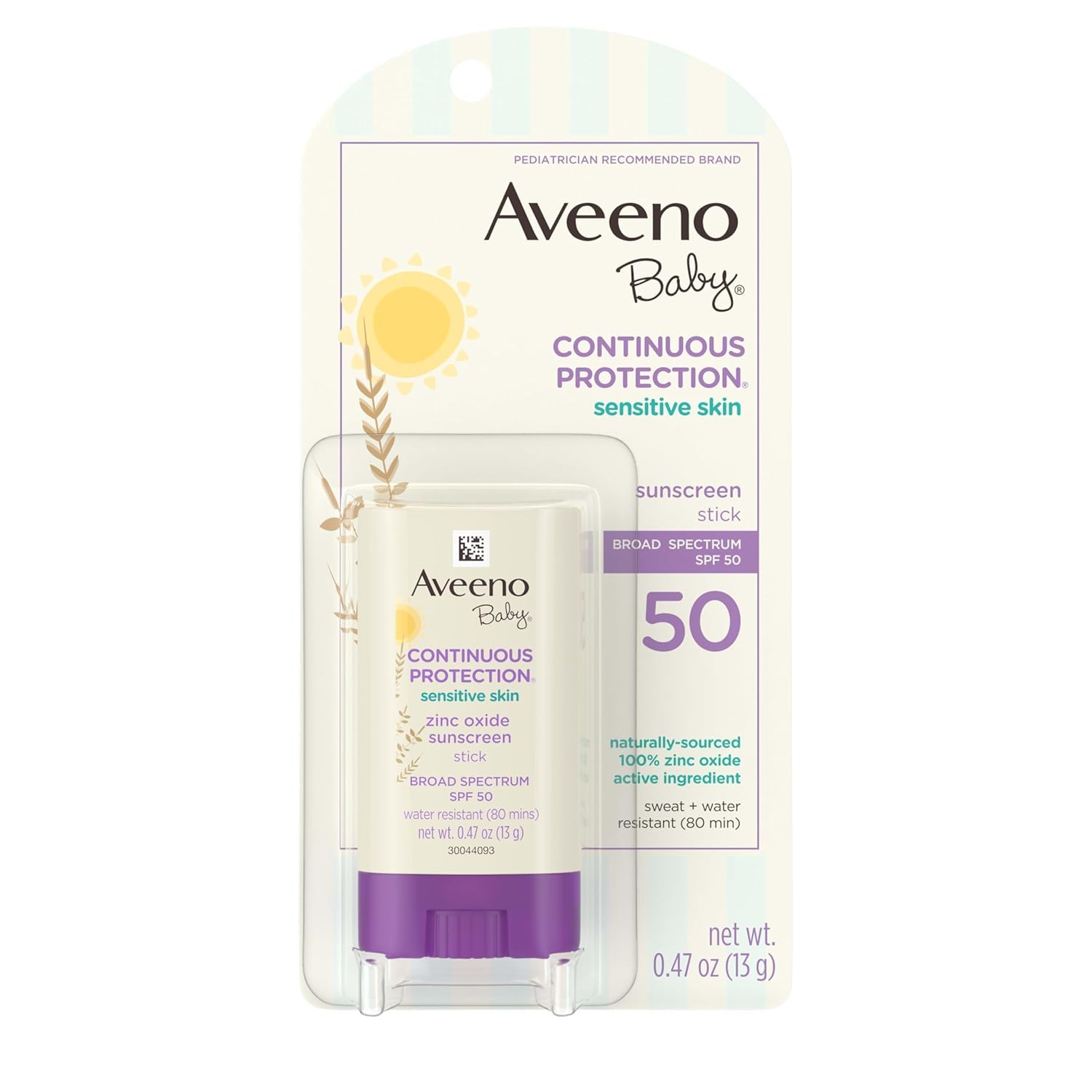 Aveeno Baby Continuous Protection Mineral Sunscreen Stick for Sensitive Skin with Broad Spectrum SPF 50 Protection for Face & Body, Naturally Sourced 100% Zinc Oxide, Travel Size, 0.47 oz (Pack of 12)