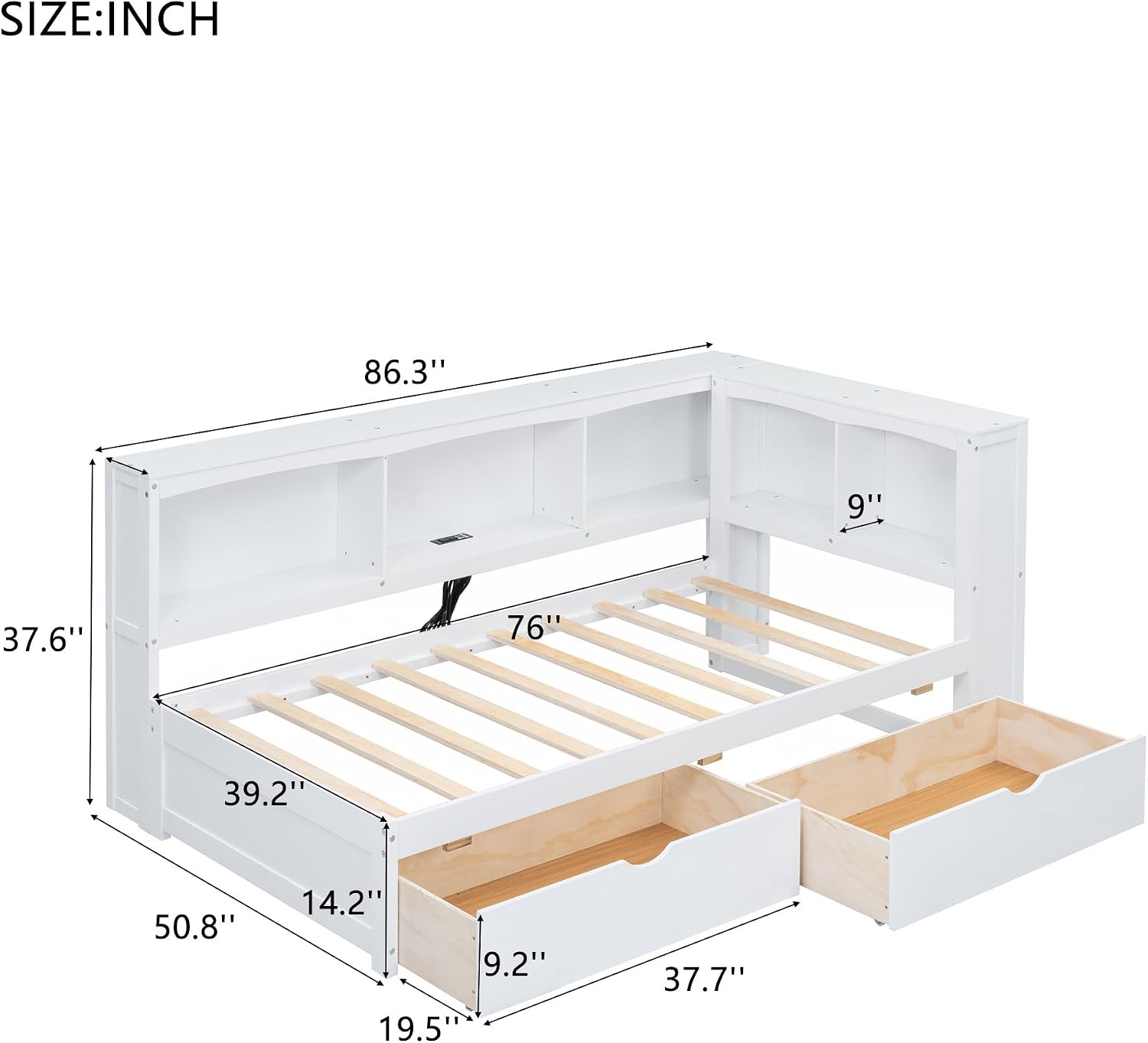 Modern Twin Size Daybed with 2 Storage Drawers, Multifunctional Solid Wood Sofa Bed Frame with Storage Cabinets, USB Portsand and Built-In Charging Station for Living Room,Guest Room (White-186J)