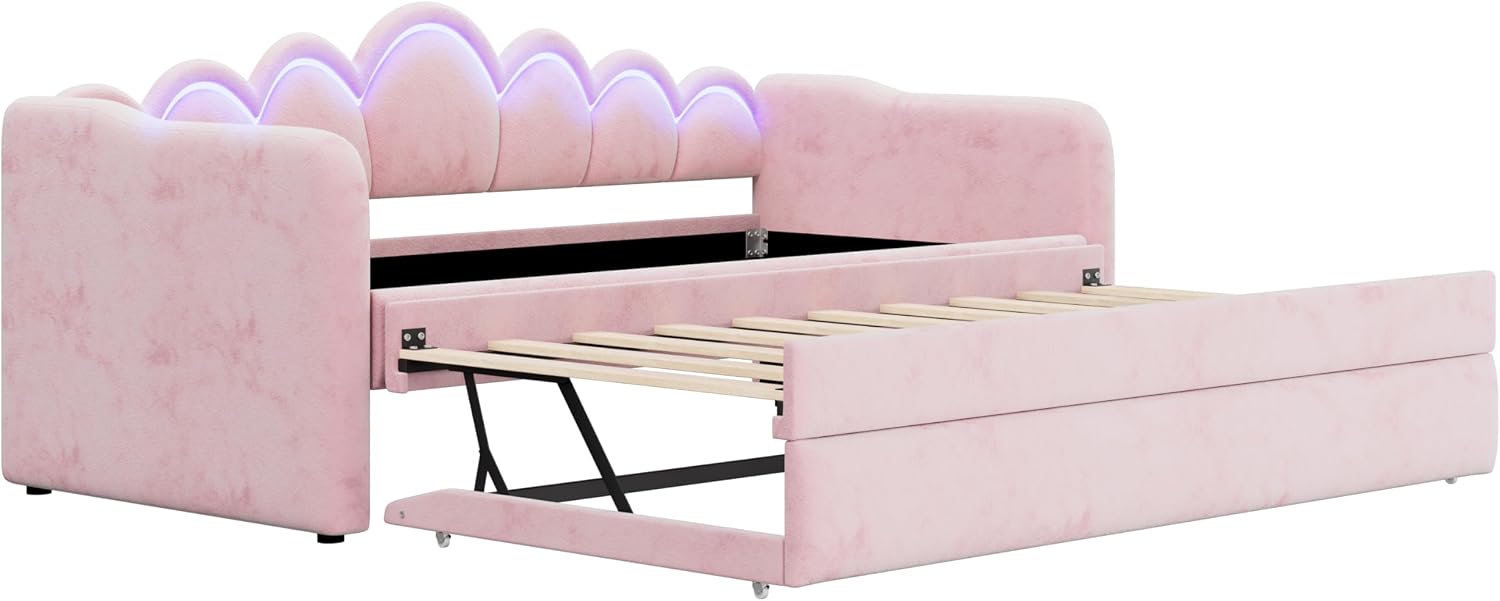 LUMISOL Upholstery Daybed with Trundle, Twin XL Upholstered Daybed with LED Light, Tufted Corner Sofa Bed Furniture for Bedroom Guest Living Room, Pink