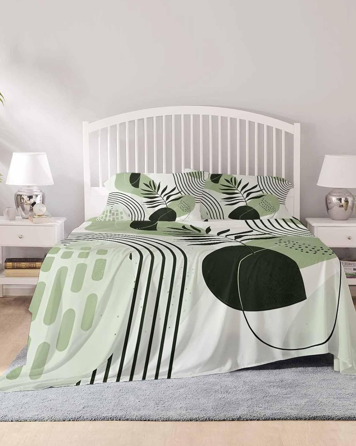 Boho Geometric Cal King Sheet Set 4 Piece Bedding - Farmhouse Green Abstract Stripes Leaves Breathable Comfy Cooling Bed Sheets & Pillowcase Sets, Hotel Luxury Flat Sheets Deep Pockets Fitted Sheet