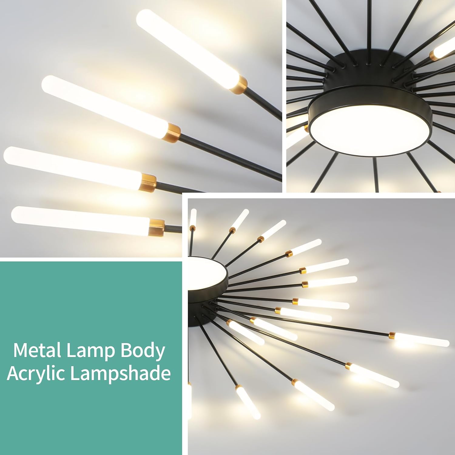ziidoo Modern Ceiling Light, 28+1 Lights Metal Firework Designed Chic Led Lighting Fixture for Farmhouse Kitchen Dining Room Bedroom Hallway Living Room (Black)