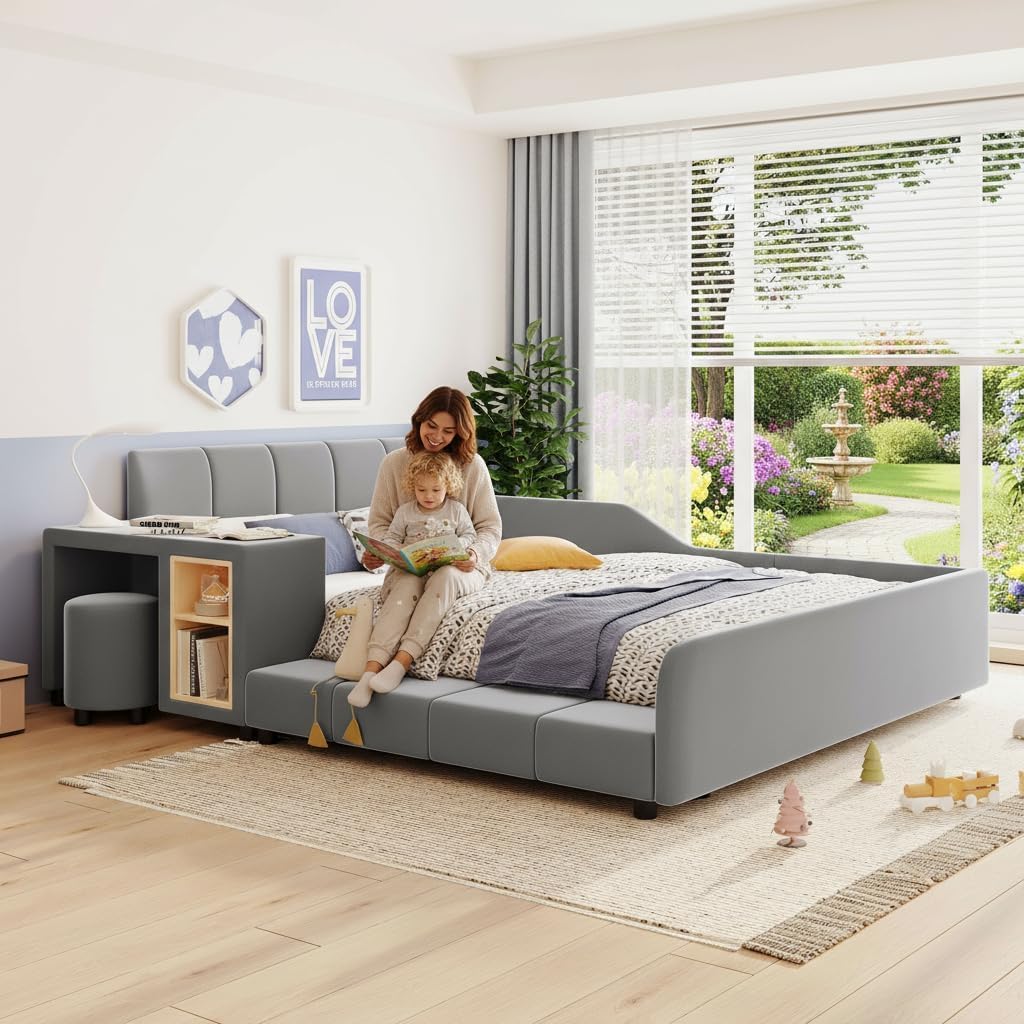 Upholstered Grounded Bed, Full Size Mother & Child Bed with Bedside Desk and Little Round Stool, Velvet Fabric, No Box Spring Needed (Gray, Full)