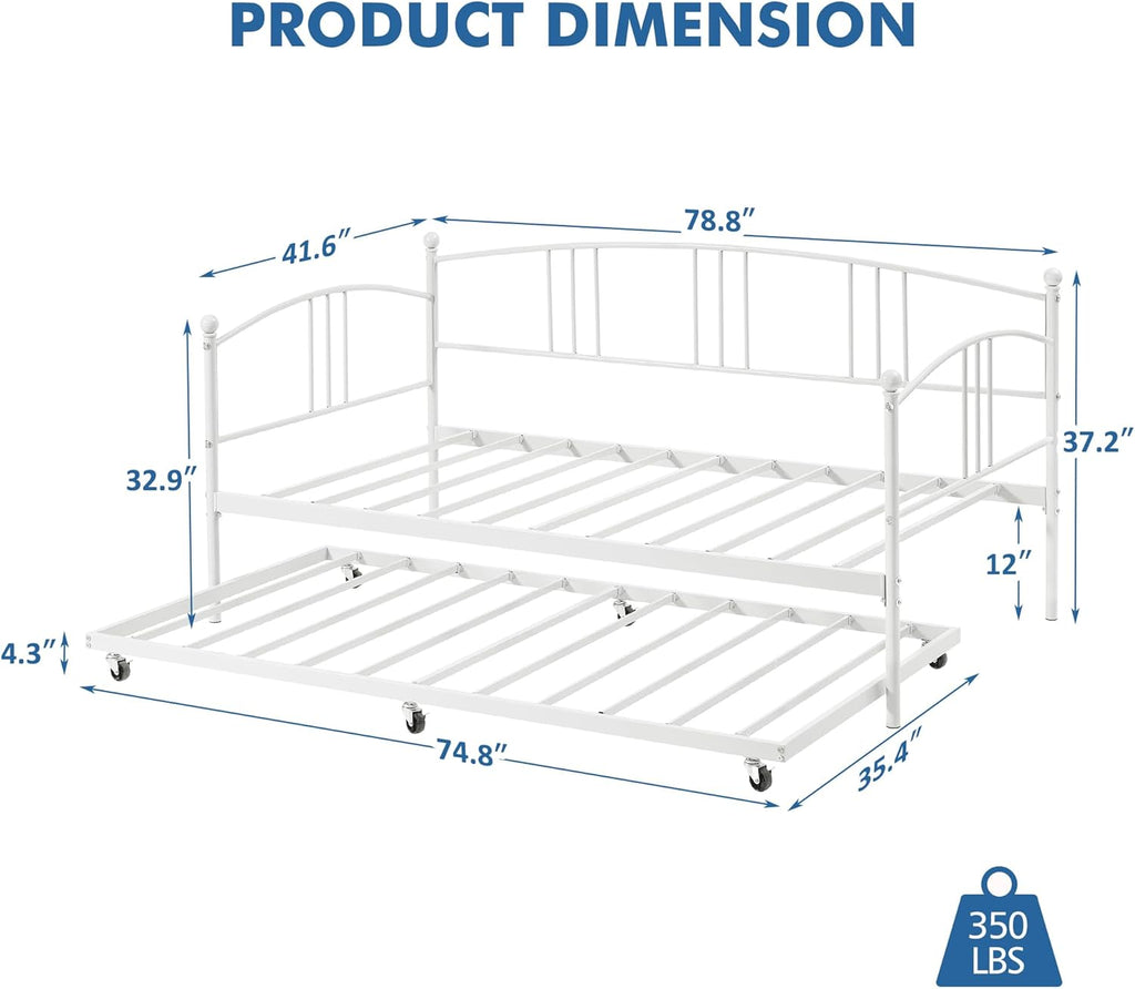 GarveeHome Daybed with Trundle, Sturdy Metal Day Bed with Steel Slat Support, Trundle Bed Twin with Arched Headboard, SofaBed for Living Room, Bedroom and Guest Room, White
