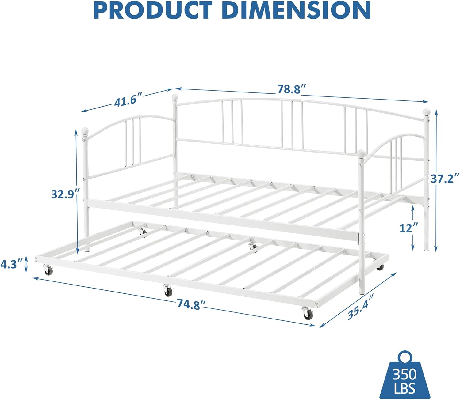 GarveeHome Daybed with Trundle, Sturdy Metal Day Bed with Steel Slat Support, Trundle Bed Twin with Arched Headboard, SofaBed for Living Room, Bedroom and Guest Room, White