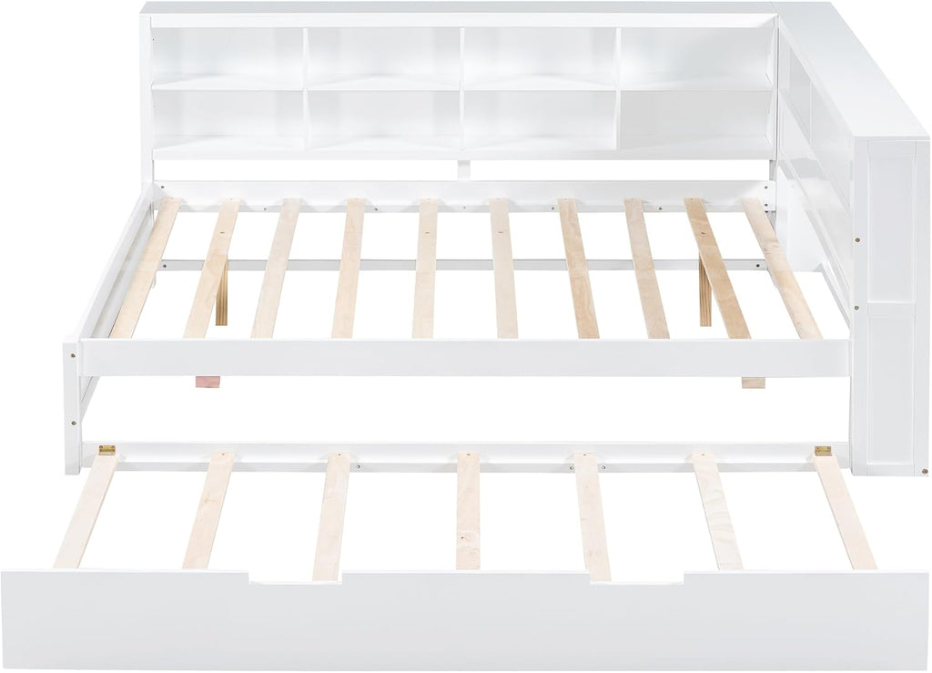 Modern Full Size Daybed with Trundle, Solid Wood Captain Platform Bed with Storage Cabinets and USB Ports, Low Floor Bed for Kids Teens Adult Bedroom, Easy Assembly (White-FF025)