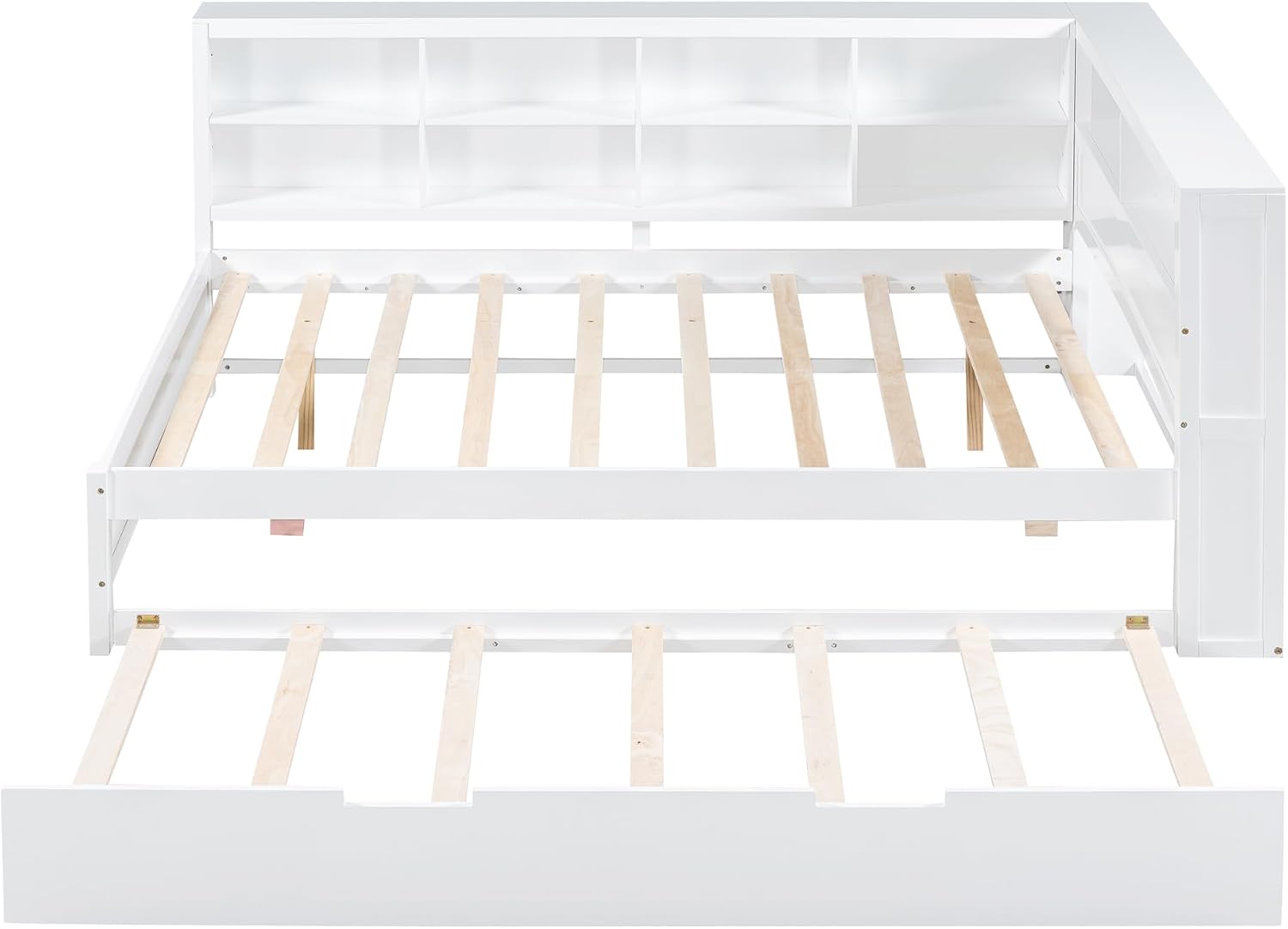 Modern Full Size Daybed with Trundle, Solid Wood Captain Platform Bed with Storage Cabinets and USB Ports, Low Floor Bed for Kids Teens Adult Bedroom, Easy Assembly (White-FF025)