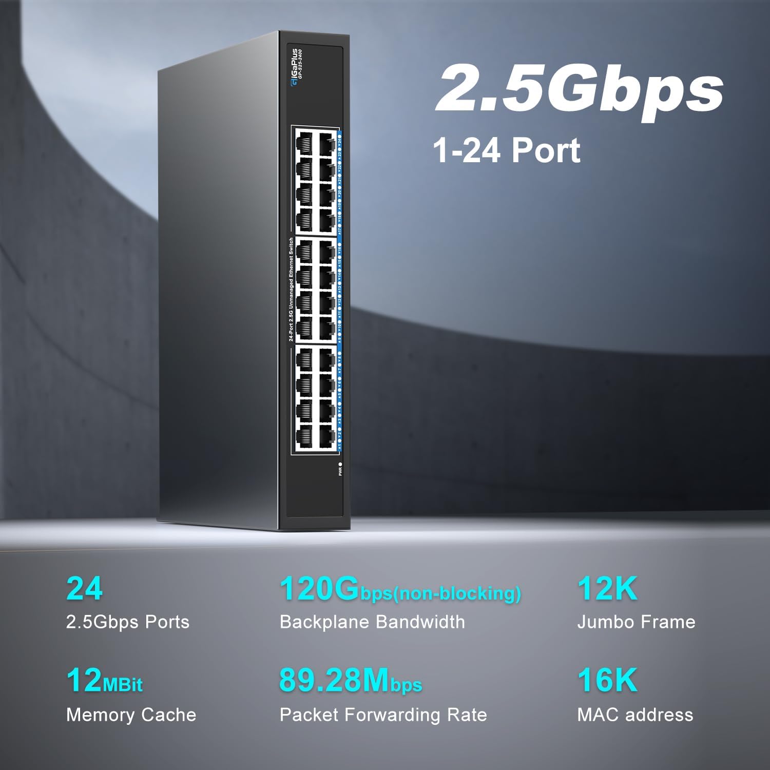 24 Port 2.5Gb Unmanaged Ethernet Switch with 24* 2.5G Base-T Ports, GiGaPlus 2.5Gbps Network Switch for 2.5Gbps NAS/PC, WiFi6 Router, Wireless AP. Fanless Design, Plug and Play