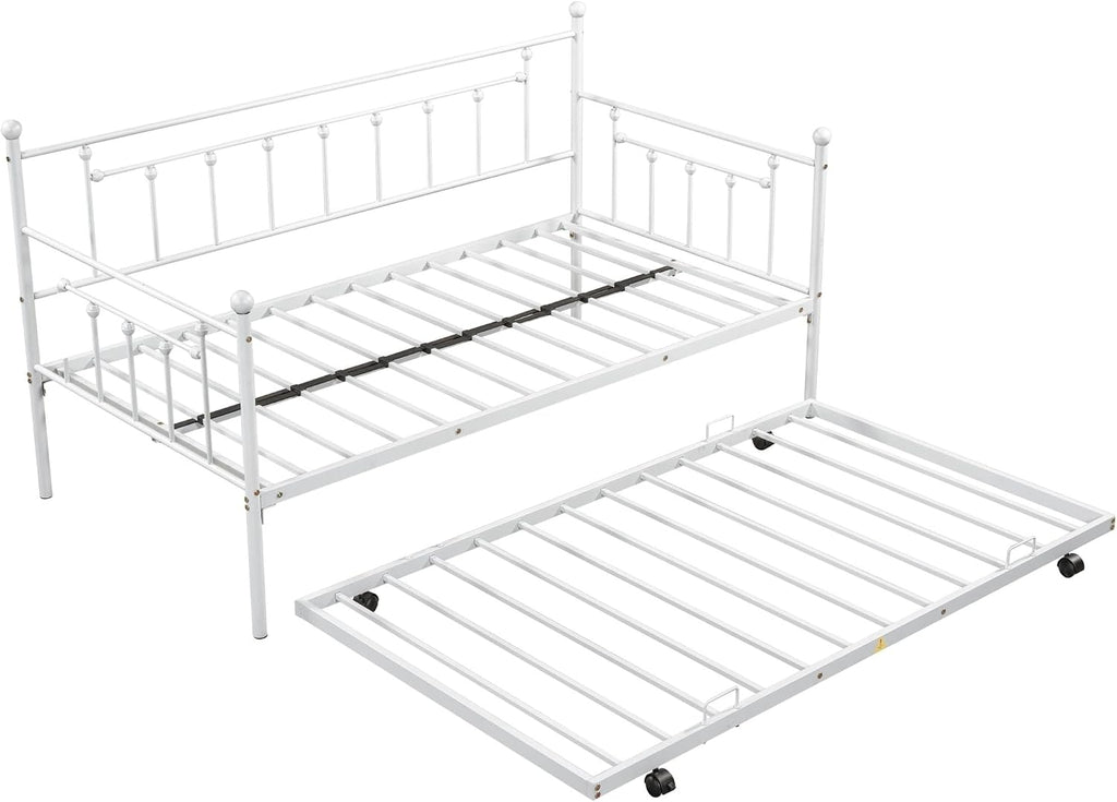 Metal Bed Twin XL, Bed with Trundle Light Grey Metal Bohemian Sofa Bed with Slats Daybed for Teen Adult Bedroom Living Room