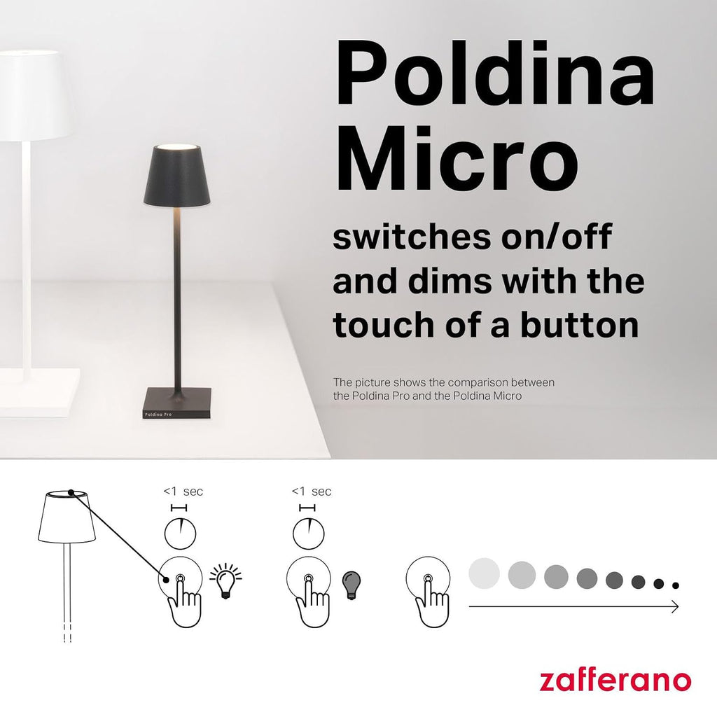 Zafferano, Poldina Micro Lamp, Rechargeable Cordless Table Lamp with Touch Controls, Suitable for Indoor and Outdoor, Dimmer, 2200-3000 K, Height 10.8 Inches, Sand Color