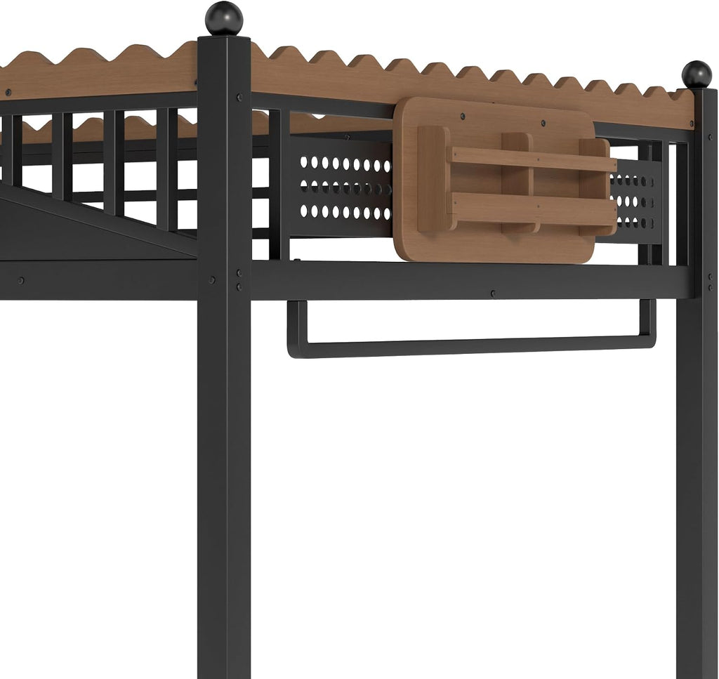 JIVOIT Full Size Metal Loft Bed Frame, Space-Saving Loft Bed with Storage Stairs, Storage Shelves and Bookshelf, Strong Support Slats, Perfect for Bedroom, Guest, Dorms