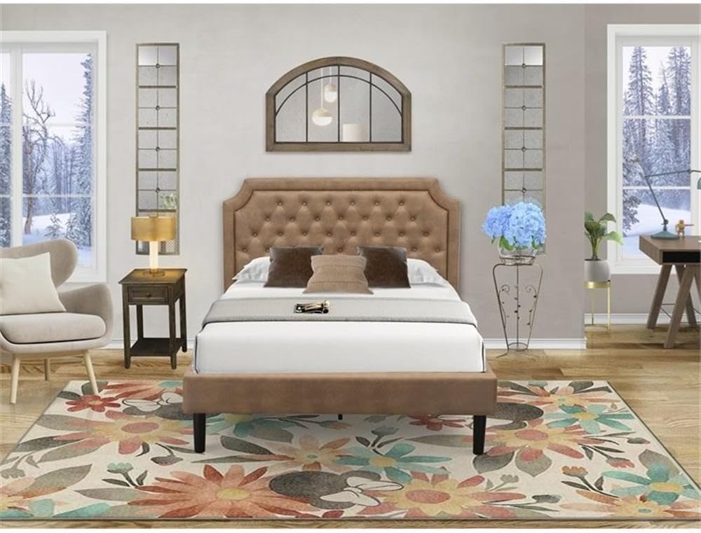 East West Furniture GB28F-1DE07 2-Pc Granbury Bedroom Set with Button Tufted Bed Frame and a Distressed Jacobean Night Stand for Bedrooms - Brown faux Leather with Brown Texture and Black Legs