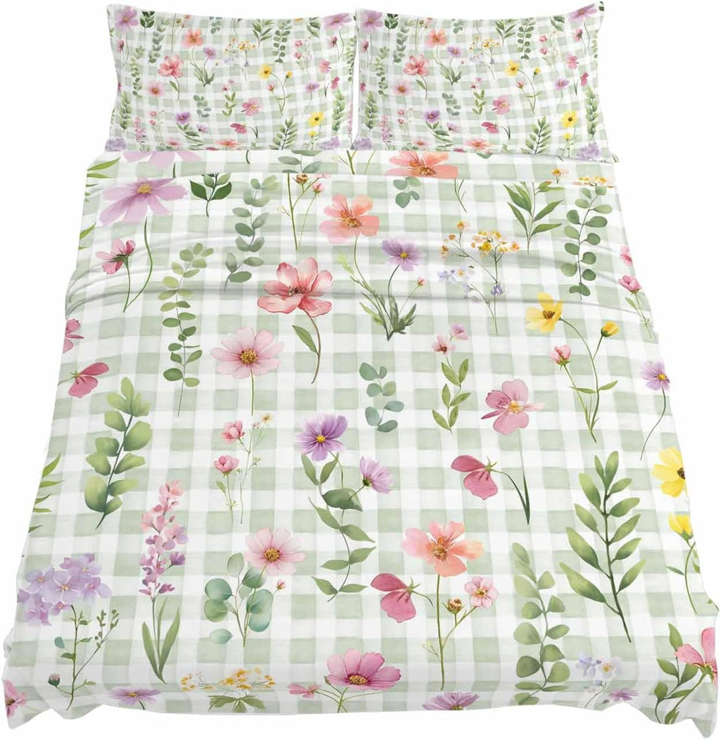 Spring Floral Cal King Sheet Set 4 Piece Bedding - Pink Flowers Green Plaid Pastoral Breathable Comfy Cooling Bed Sheets & Pillowcase Sets, Hotel Luxury Flat Sheets Deep Pockets Fitted Sheet