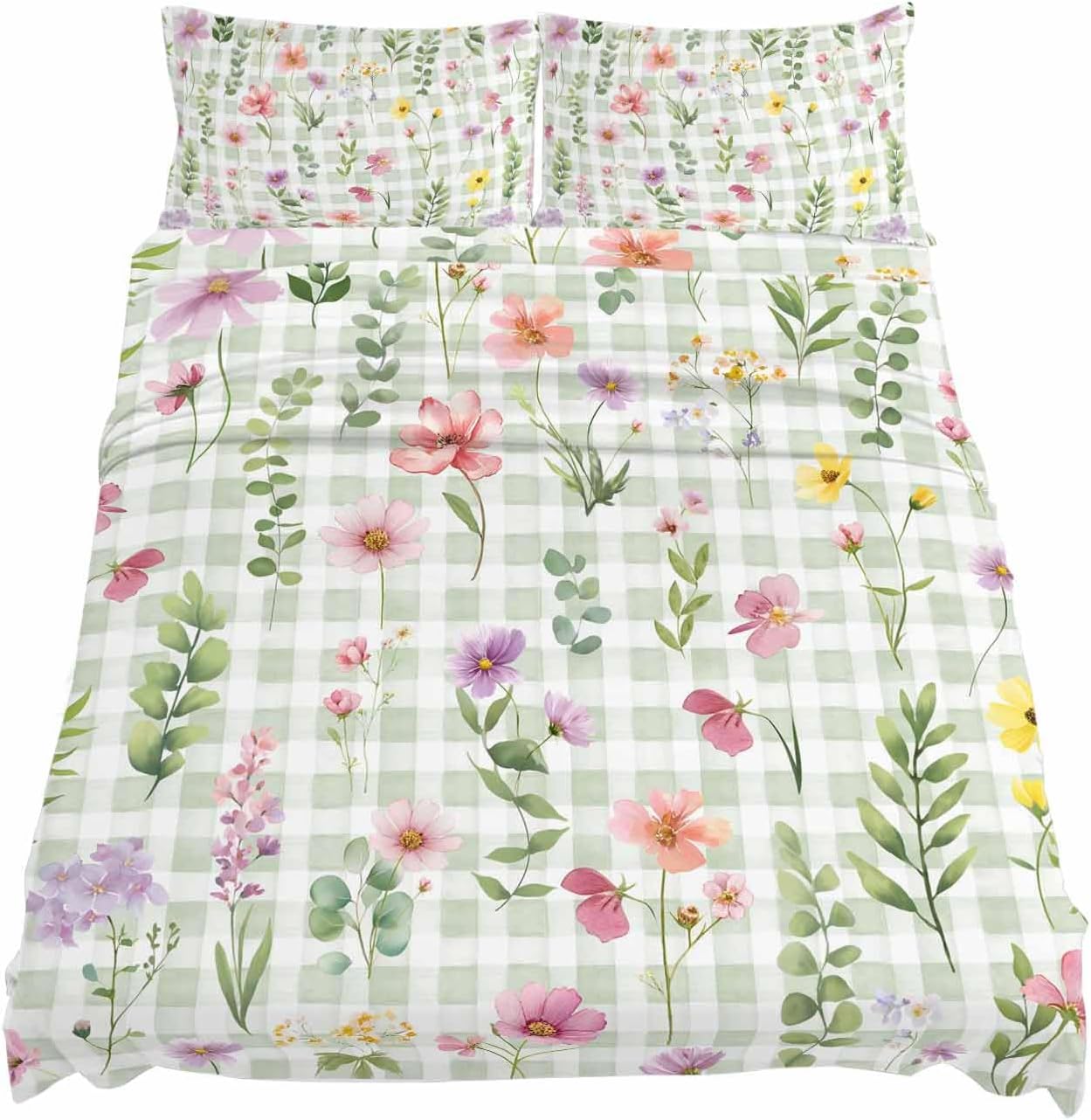 Spring Floral Cal King Sheet Set 4 Piece Bedding - Pink Flowers Green Plaid Pastoral Breathable Comfy Cooling Bed Sheets & Pillowcase Sets, Hotel Luxury Flat Sheets Deep Pockets Fitted Sheet