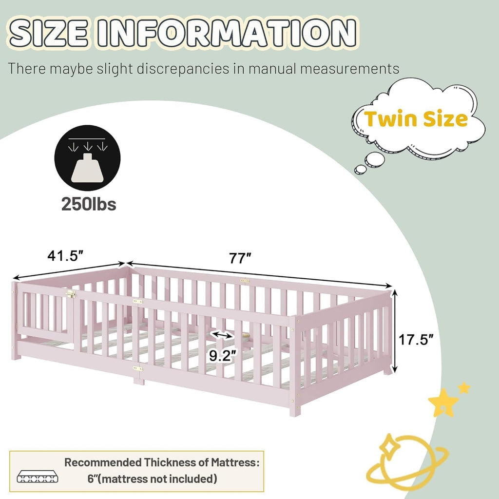 Full Size Floor Bed for Kids, Wooden Montessori Bed Frame with Door, Montessori Floor Bed with Rails for Boys and Girls, No Box Spring Needed, Pink