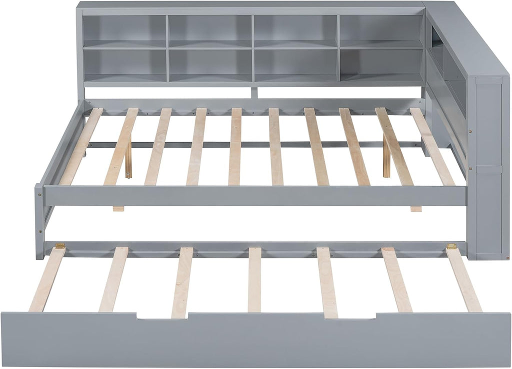 Modern Full Size Daybed with Trundle, Solid Wood Captain Platform Bed with Storage Cabinets and USB Ports, Low Floor Bed for Kids Teens Adult Bedroom, Easy Assembly (Gray-FF025)