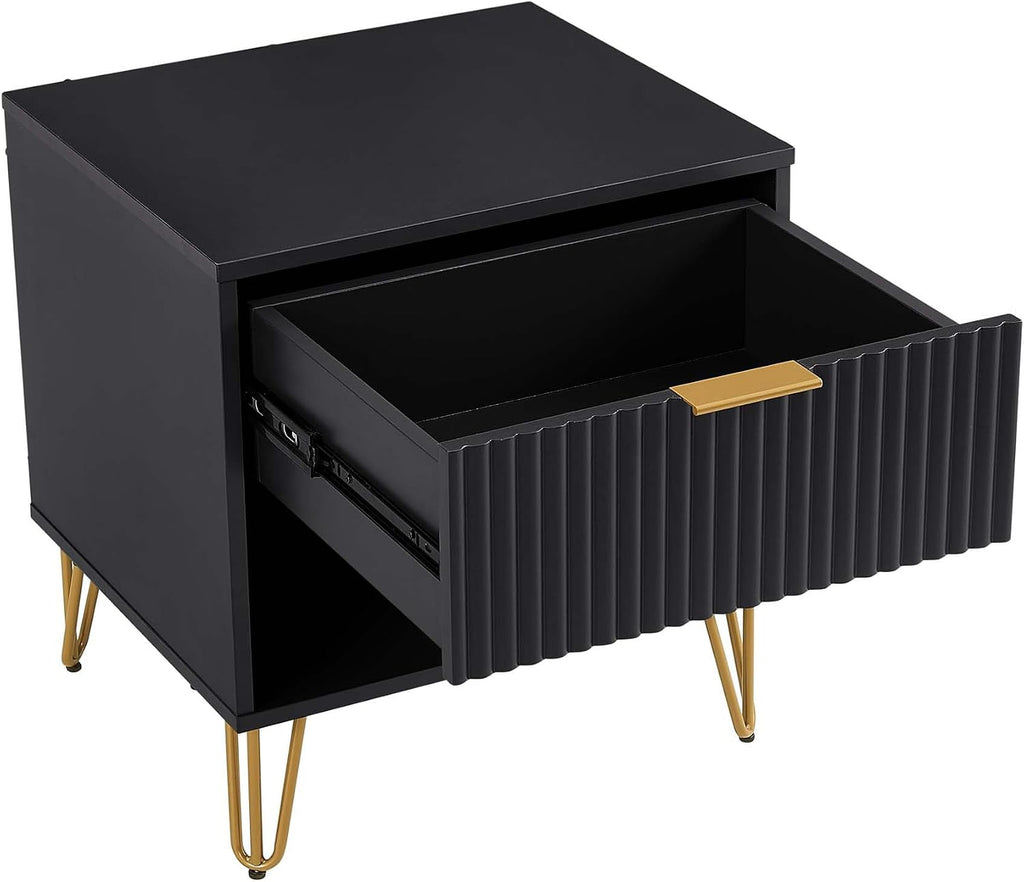 Manhattan Comfort Dumbo Fluted Nightstand with Drawer and Open Shelf, Gold Hairpin Legs and Metal Handle, Snap Tool-Free Assembly, Modern Bedside Accent Table for Bedroom, Office, Living Room in Black