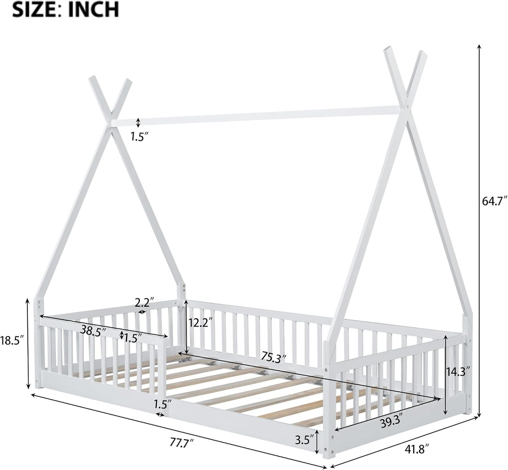 JIVOIT Twin Size Wood House Bed with Fence, House Platform Bed with Roof, Twin Montessori Bed Frame, Wood Slats Support, No Box Spring Needed (White/74)