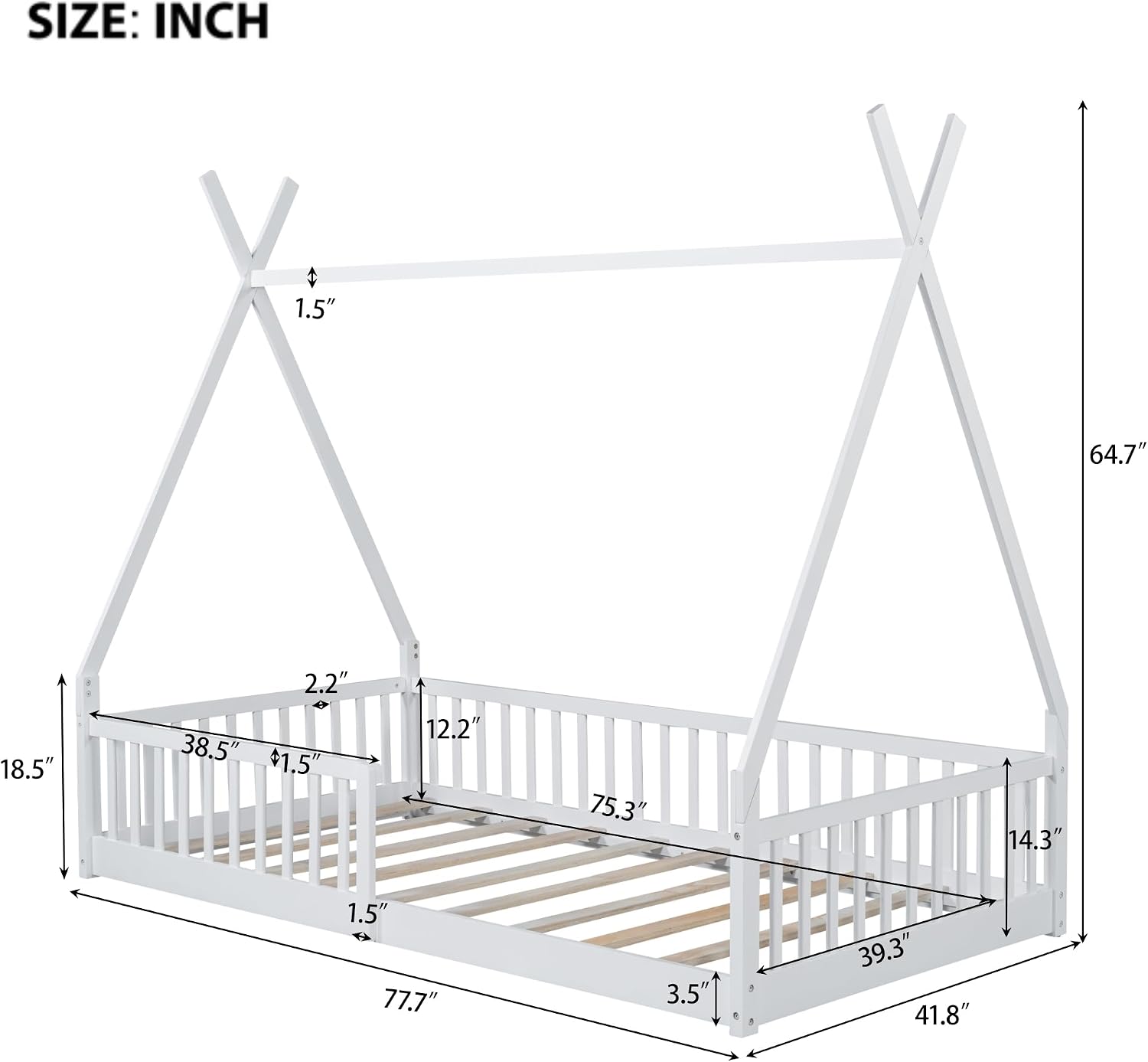 JIVOIT Twin Size Wood House Bed with Fence, House Platform Bed with Roof, Twin Montessori Bed Frame, Wood Slats Support, No Box Spring Needed (White/74)