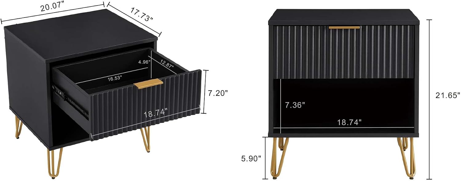 Manhattan Comfort Dumbo Fluted Nightstand with Drawer and Open Shelf, Gold Hairpin Legs and Metal Handle, Snap Tool-Free Assembly, Modern Bedside Accent Table for Bedroom, Office, Living Room in Black
