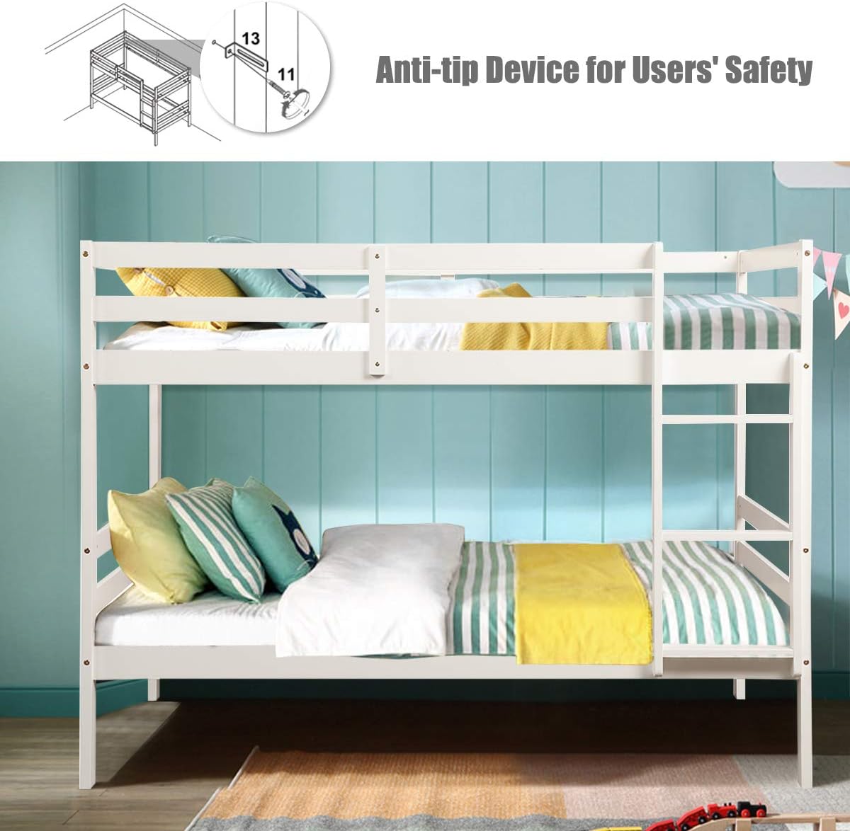 Costzon Twin Over Twin Bunk Beds, Wood Convertible Two Beds, Solid Rubberwood Bunk Bed with 1 Pcs Built-in Ladder and Safety Rails, No Box Spring Needed, Space Saving Bed Frame for Bedroom (White)