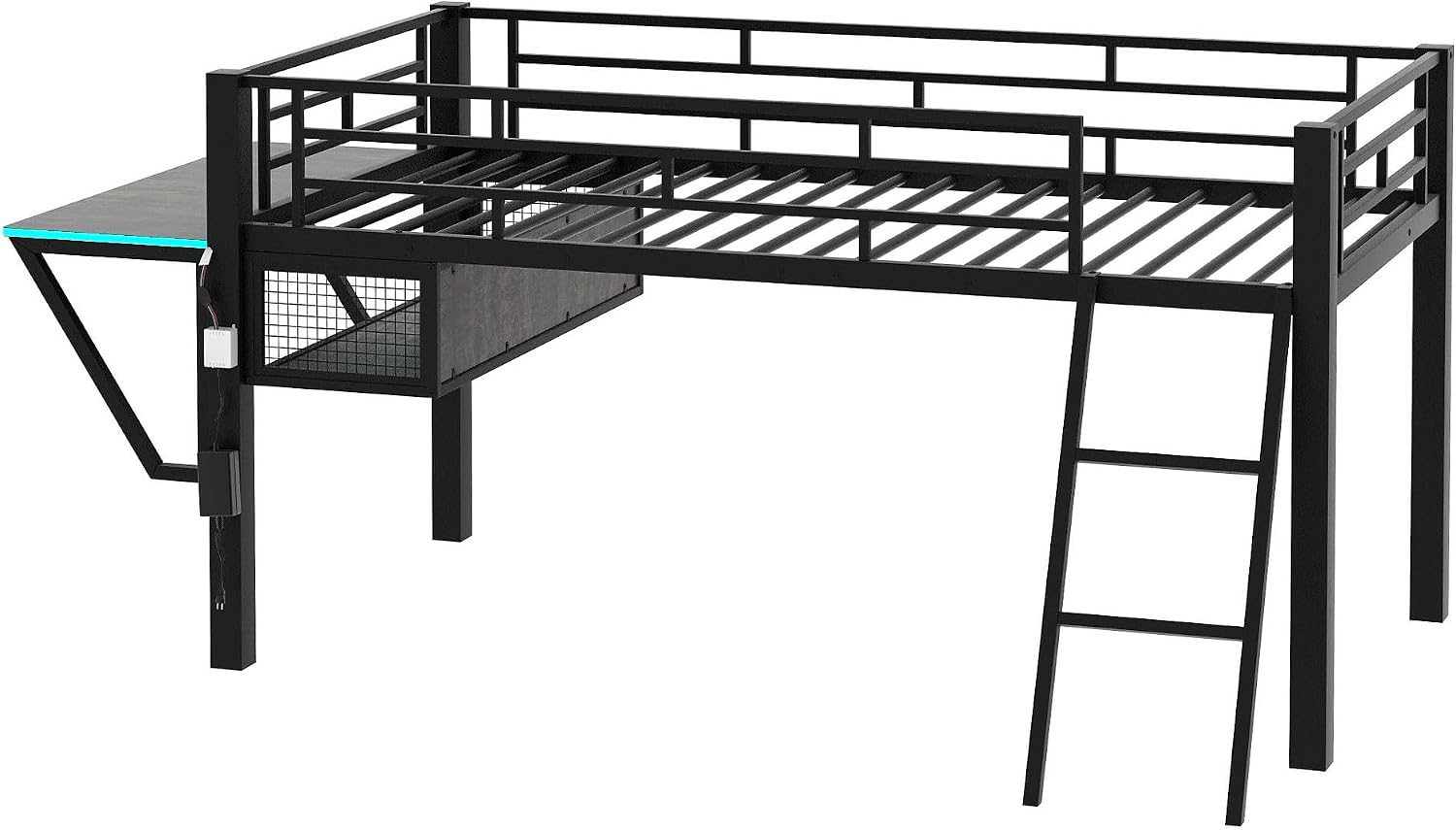 Modern Gaming Mid Loft Bed with Built-in LED Lights & Large Desk, High Sleeper Twin Size Bed with PC Gaming Setup for Teenagers, Space-Saving Furniture for Small Room (Black + Twin)