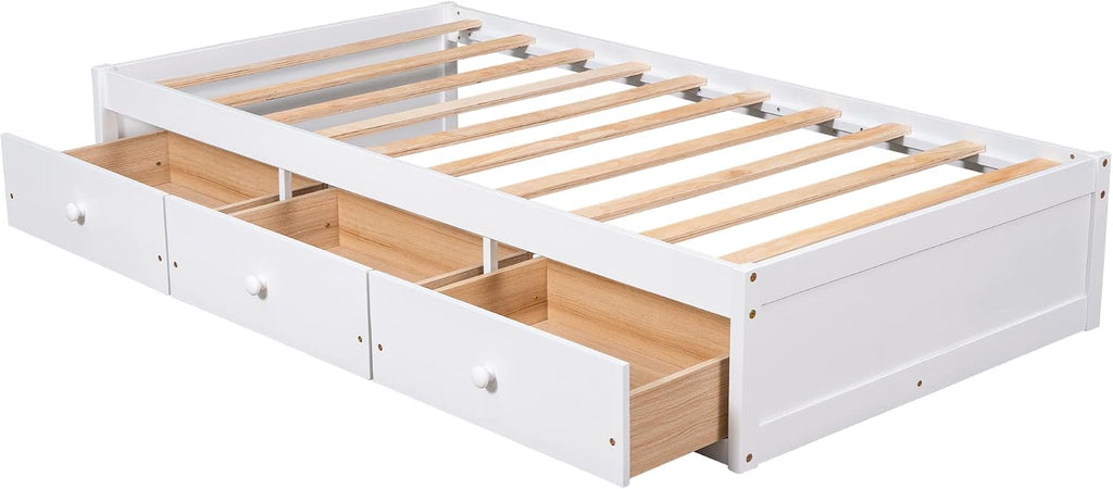 Bellemave Twin Platform Bed Frame with 3 Storage Drawers, Wood Twin Size Bed with Support Slats, Twin Bed Frame for Kids,Teens,Adults No Box Spring Needed (White)