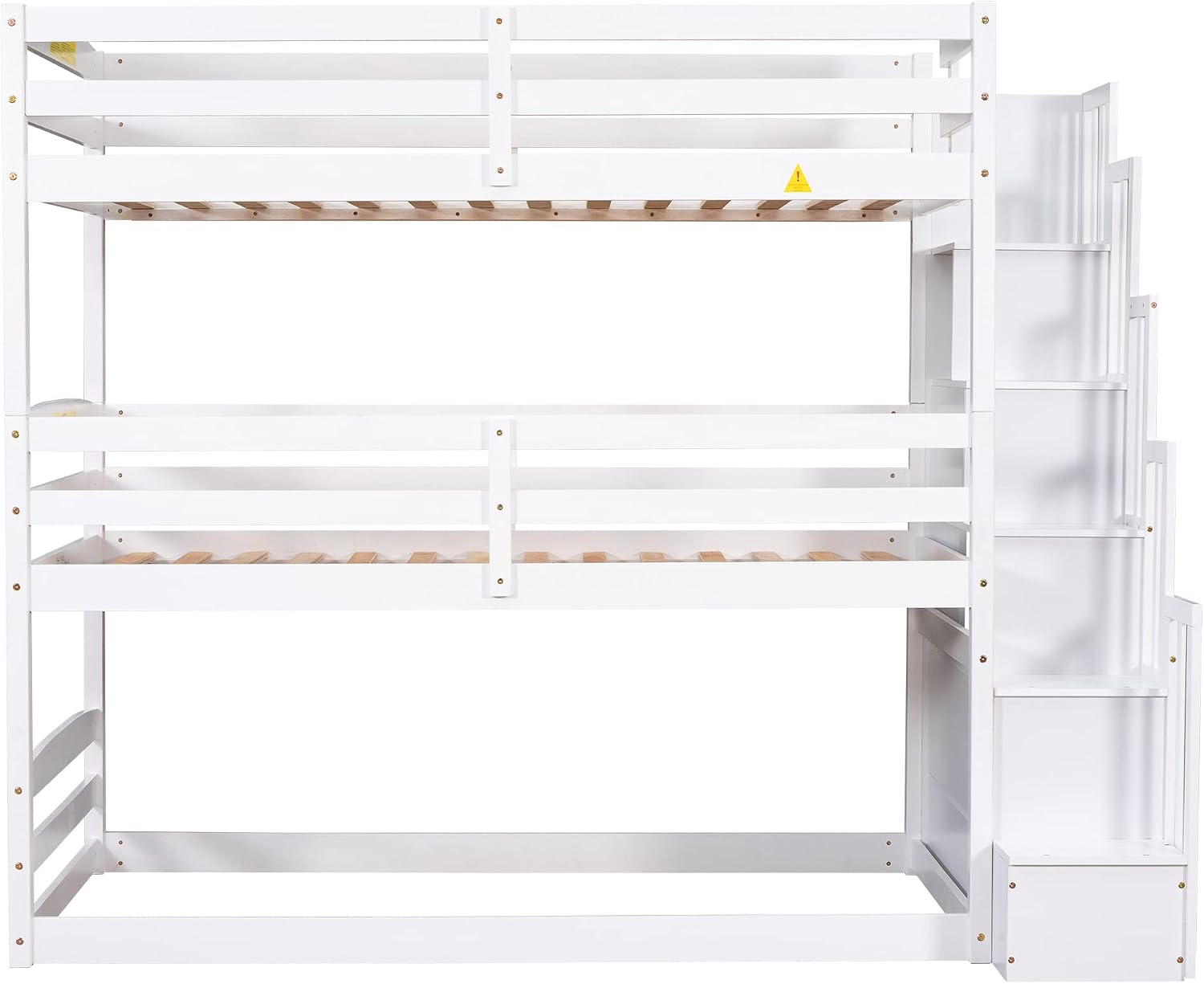 Triple Bunk Bed, Detachable Triple Twin Bunk Bed, 3 Bunk Bed with Storage Staircase, Guardrails, Twin Over Twin Over Twin for Kids, White