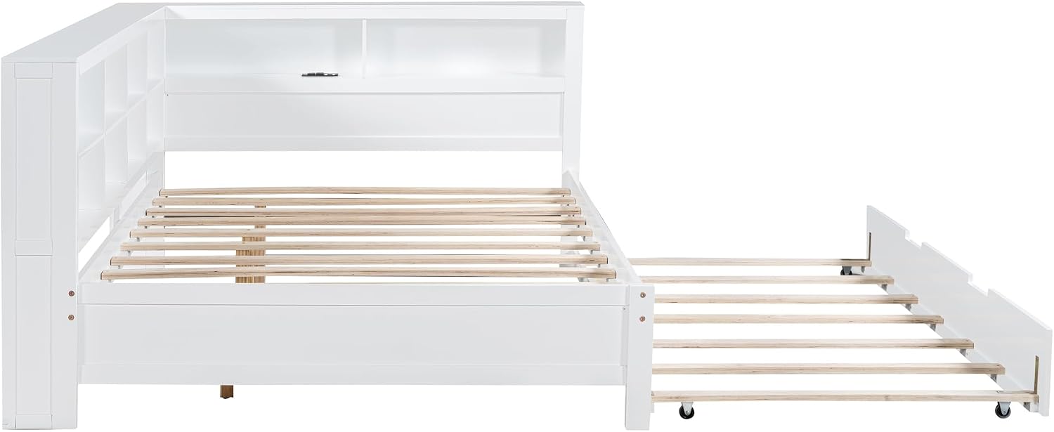 Modern Full Size Daybed with Trundle, Solid Wood Captain Platform Bed with Storage Cabinets and USB Ports, Low Floor Bed for Kids Teens Adult Bedroom, Easy Assembly (White-FF025)