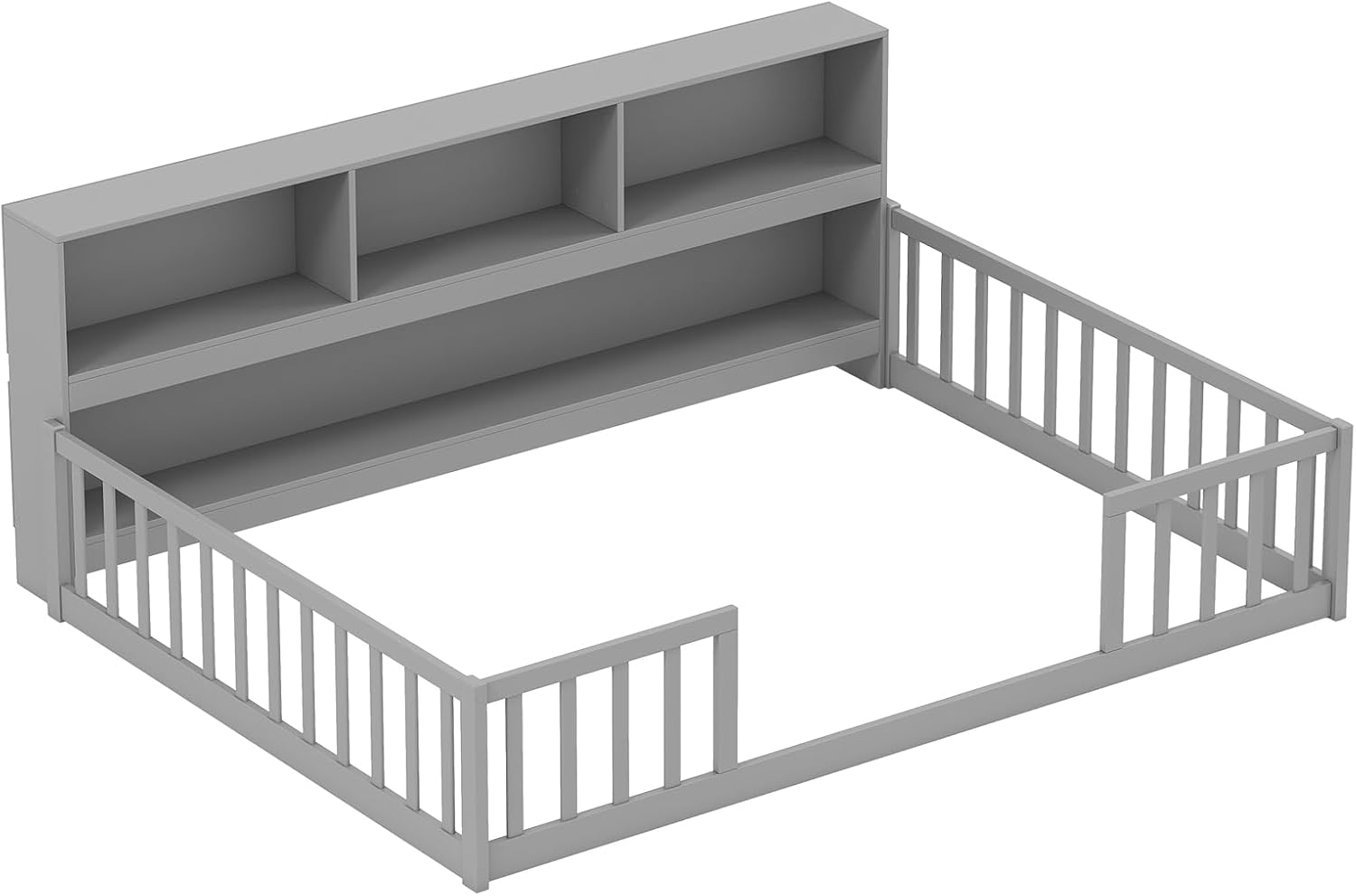 BECOMFORT Full Size Floor Bed for Kids, 2-in-1 Kids Wood Bed Frame with Bedside Bookcase & Safety Guardrails, Montessori Bed for Boys Girls