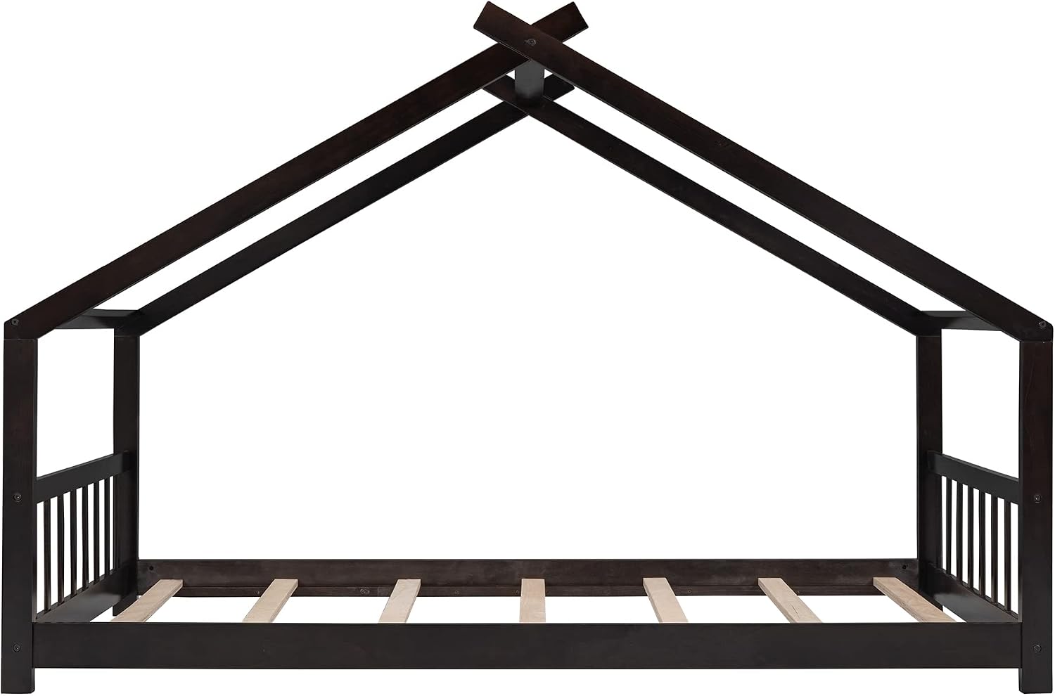 JIVOIT Twin Size Wood House Bed, Solid Wood Tent Bed Canopy Bed Frame with Roof Design, Twin Floor Bed with Wood Slats Support, No Box Spring Needed (Espresso-Twin-Pinewood)