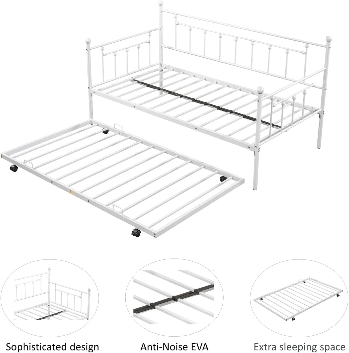 Metal Bed Twin XL, Bed with Trundle Light Grey Metal Bohemian Sofa Bed with Slats Daybed for Teen Adult Bedroom Living Room