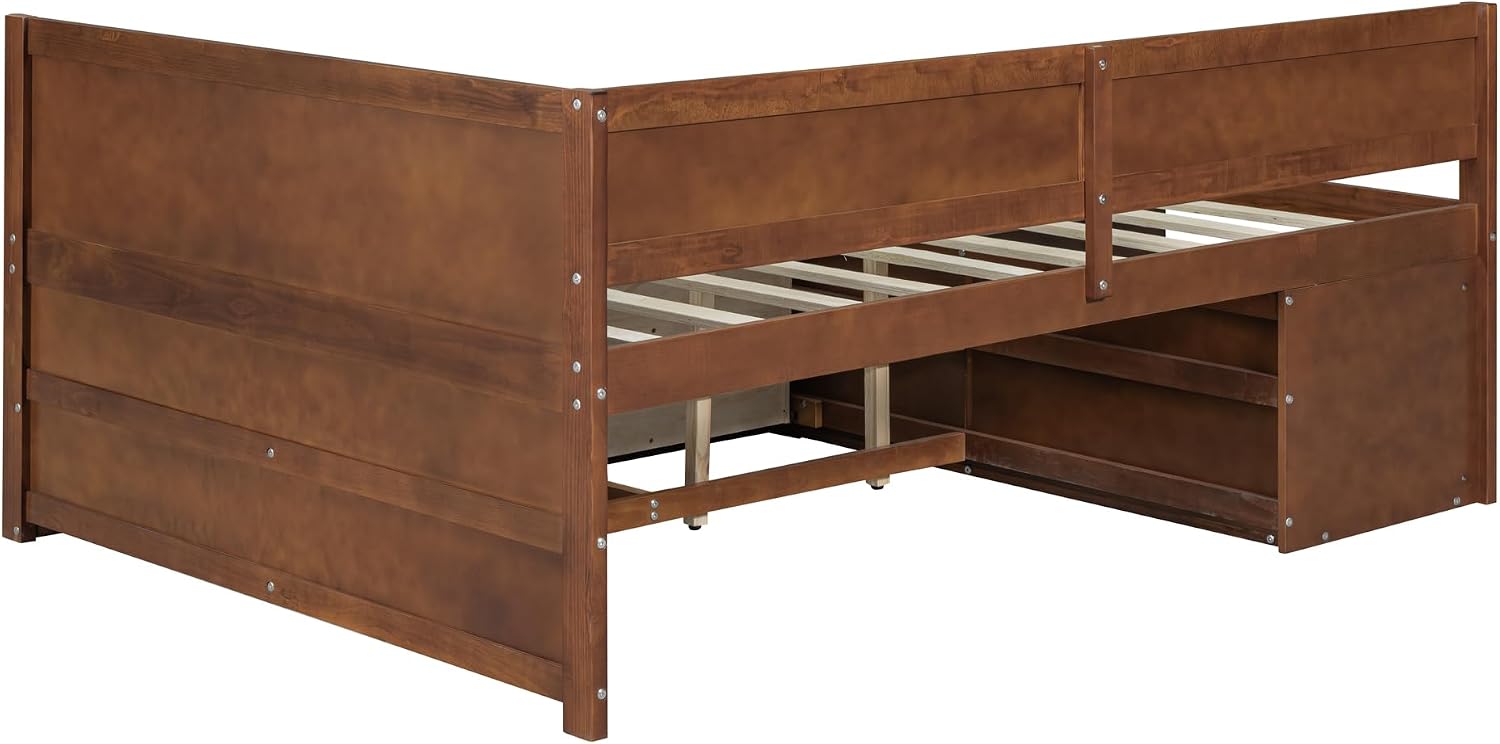 Full Size Daybed with 4 Pull-Out Drawers and 3 Functioning Shelves,Solid Wood Day Bed Frame with Wooden Slats Support for Bedroom,No Box Spring Required (Walnut-AB41)