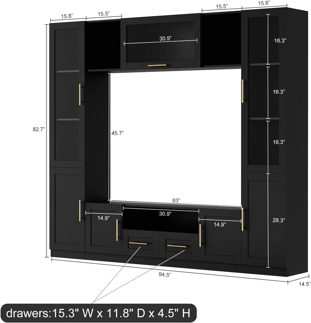 Bobve 94' Wall Unit Entertainment Center for TVs up to 70',Modern TV Console with APP LED Lights,Multifunctional TV Stand with Tempered Glass Door,Drawers & Shelves for Living Room,Black