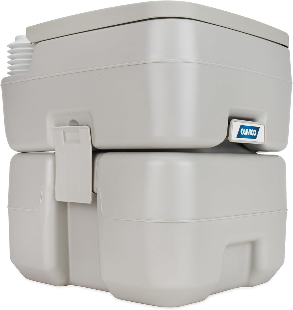 Camco 5.3-Gallon Portable Toilet - Features Detachable Holding Tank w/Sealing Slide Valve & Bellow-Type Flush - Easy Transport w/Compact Lightweight Design & Carry Handle - Gray (41541)