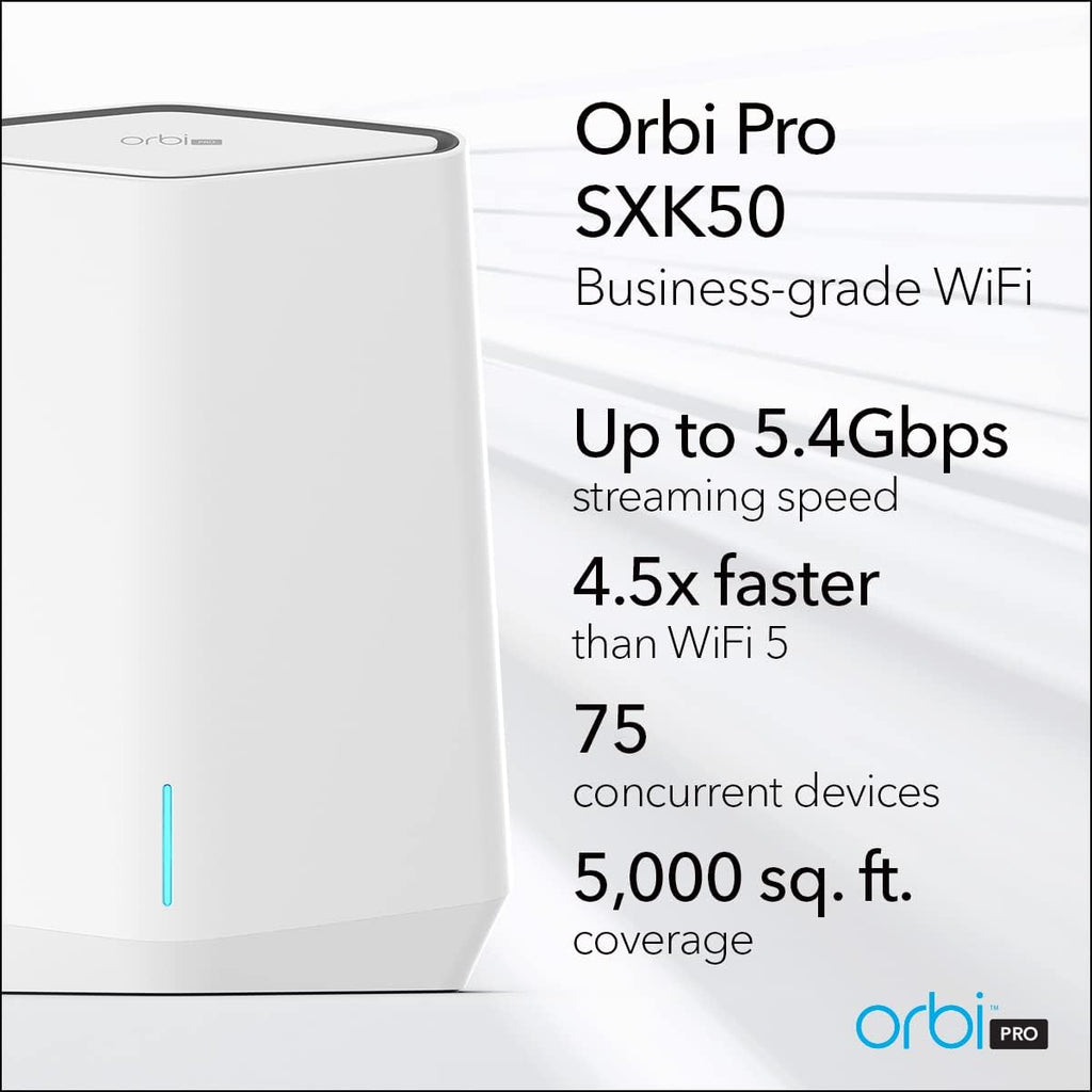 NETGEAR Orbi Pro WiFi 6 Tri-Band Mesh System (SXK50), Router with 1 Satellite Extender for Business or Home, VLAN, QoS, Coverage up to 5,000 sq. ft, 75 Devices, AX5400 802.11 AX (up to 5.4Gbps)