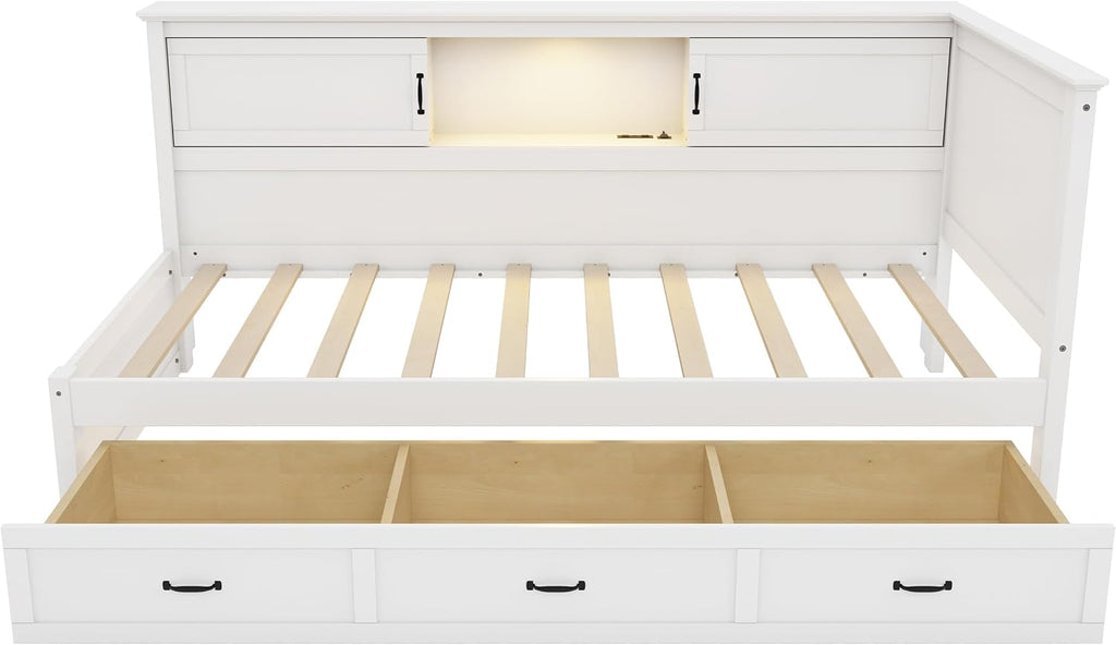 Twin Size L-Shaped Bed with Drawer and Bookcase, Multifunctional Corner Bed, Wooden Captain Bed Frame with Led Downlight and USB Port for Kids Teens Adults