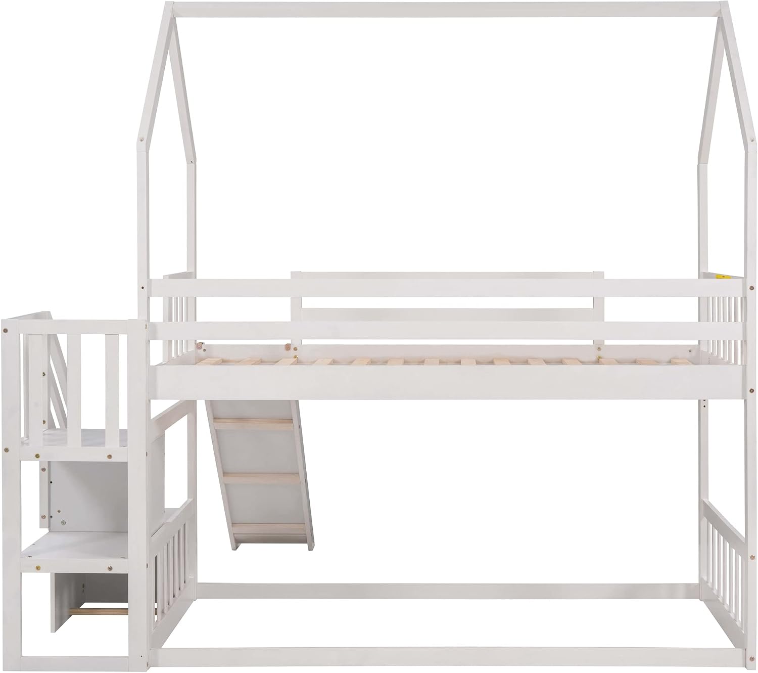 Wood House Bunk Bed for Kids Toddlers, Twin Over Twin Bunk Bed with Convertible Slide, Storage Staircase Can be Placed Left or Right, No Spring Box Required (White+House03)