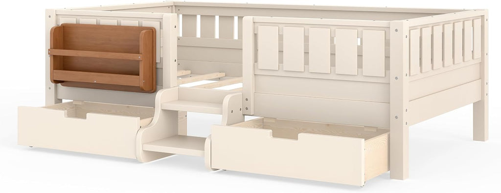 Bellemave Twin Kids Montessori Bed with Stairs, Bookshelf and Drawers, Solid Wood Kids Bed Frame with Storage for Boys Girls, Low Profile,Beige