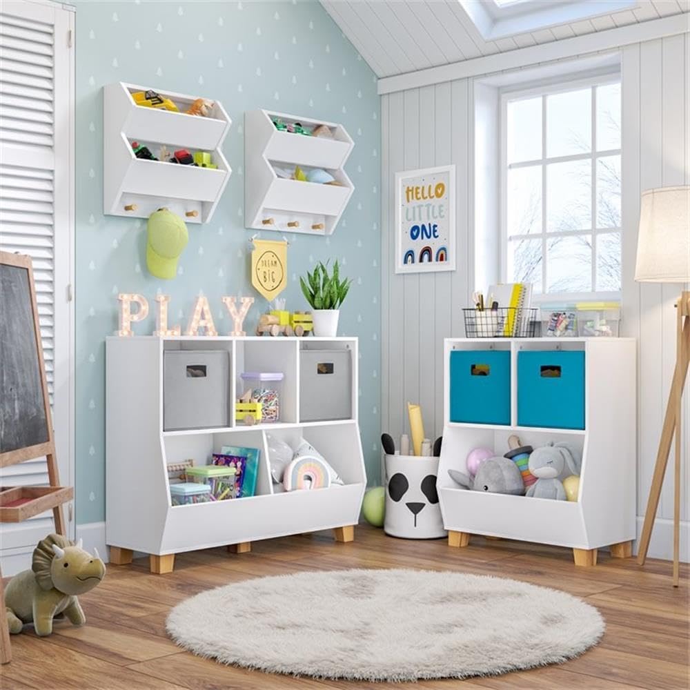 RiverRidge Catch-All Kids Toy Organizer with 3 Cubbies and 2 Storage Bin Compartments - 35 Inch Wide White Kids Room Decor Toy Organizers and Storage Bins