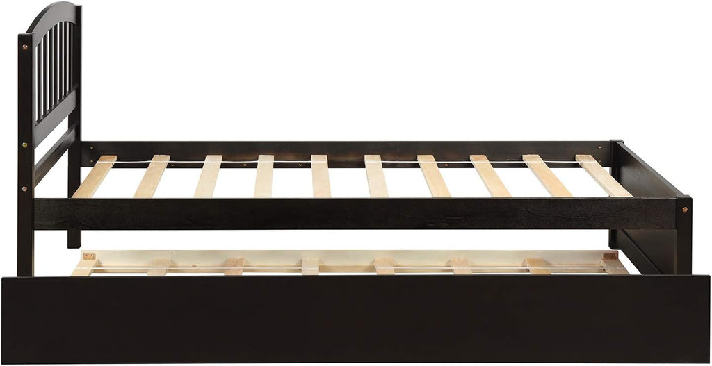 Modern Wood Platform Bed with Trundle and Headboard Classic Bed Frame No Box Spring Needed/Easy Assembly, Twin Espresso