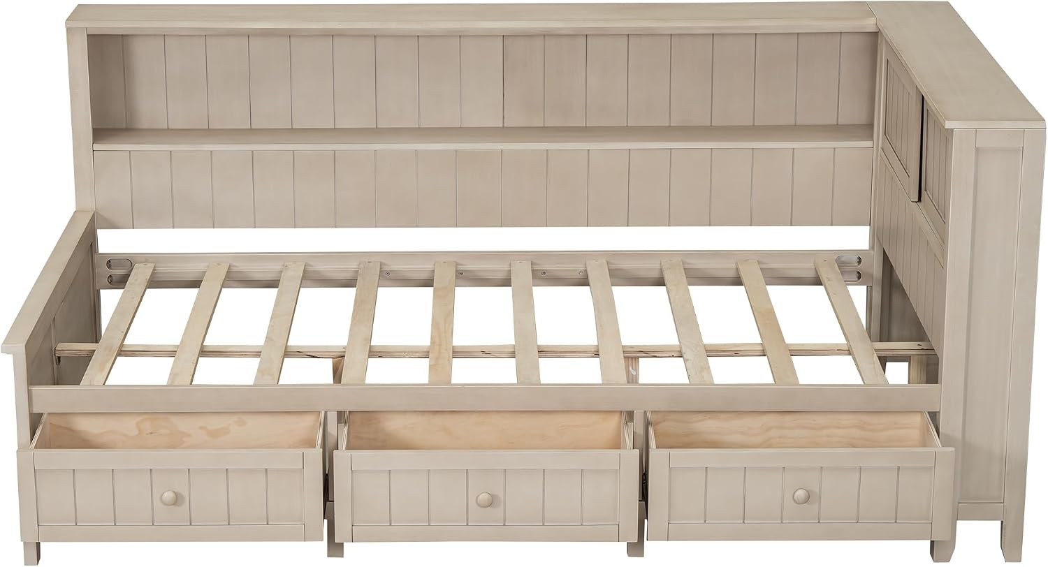 Twin Size Lounge Daybed with Storage Shelves and 3 Drawers, Wooden Sofa Bed Frame with Slat Support for Apartment, Bedroom, Guest Room, No Box Spring Required