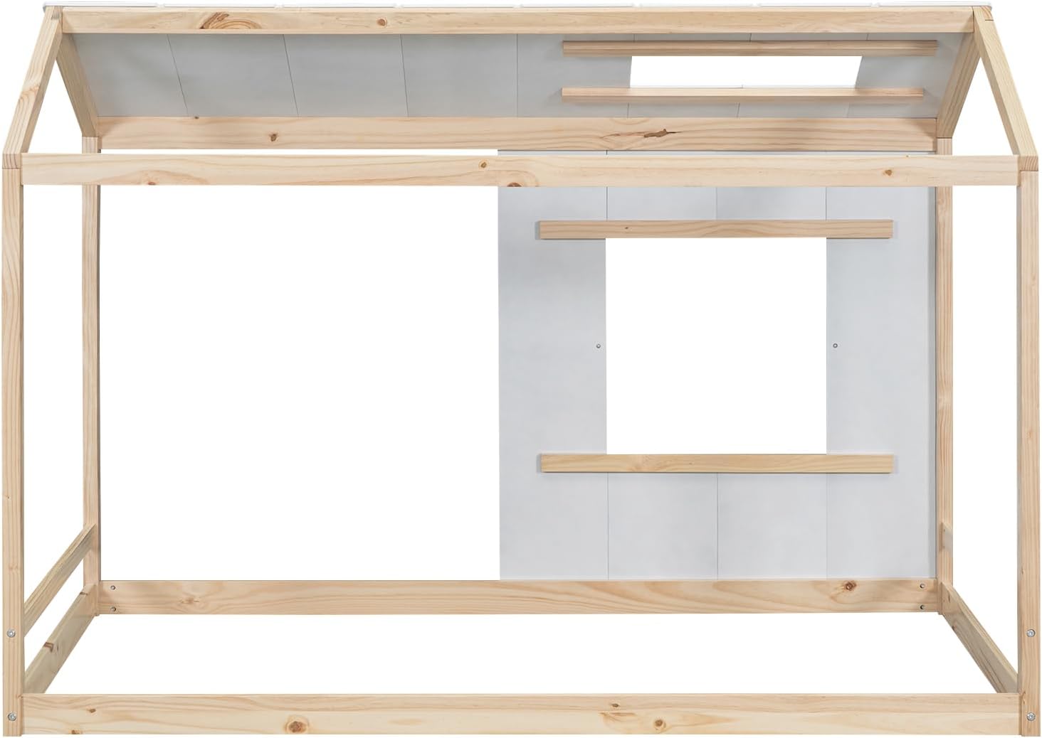 JIVOIT House Platform Bed with Roof and Window, Twin Size Kids House Bed Wood Bed Frame, Low Floor Bed for Toddler Kids Teens Boys Girls (Natural+Antique White)