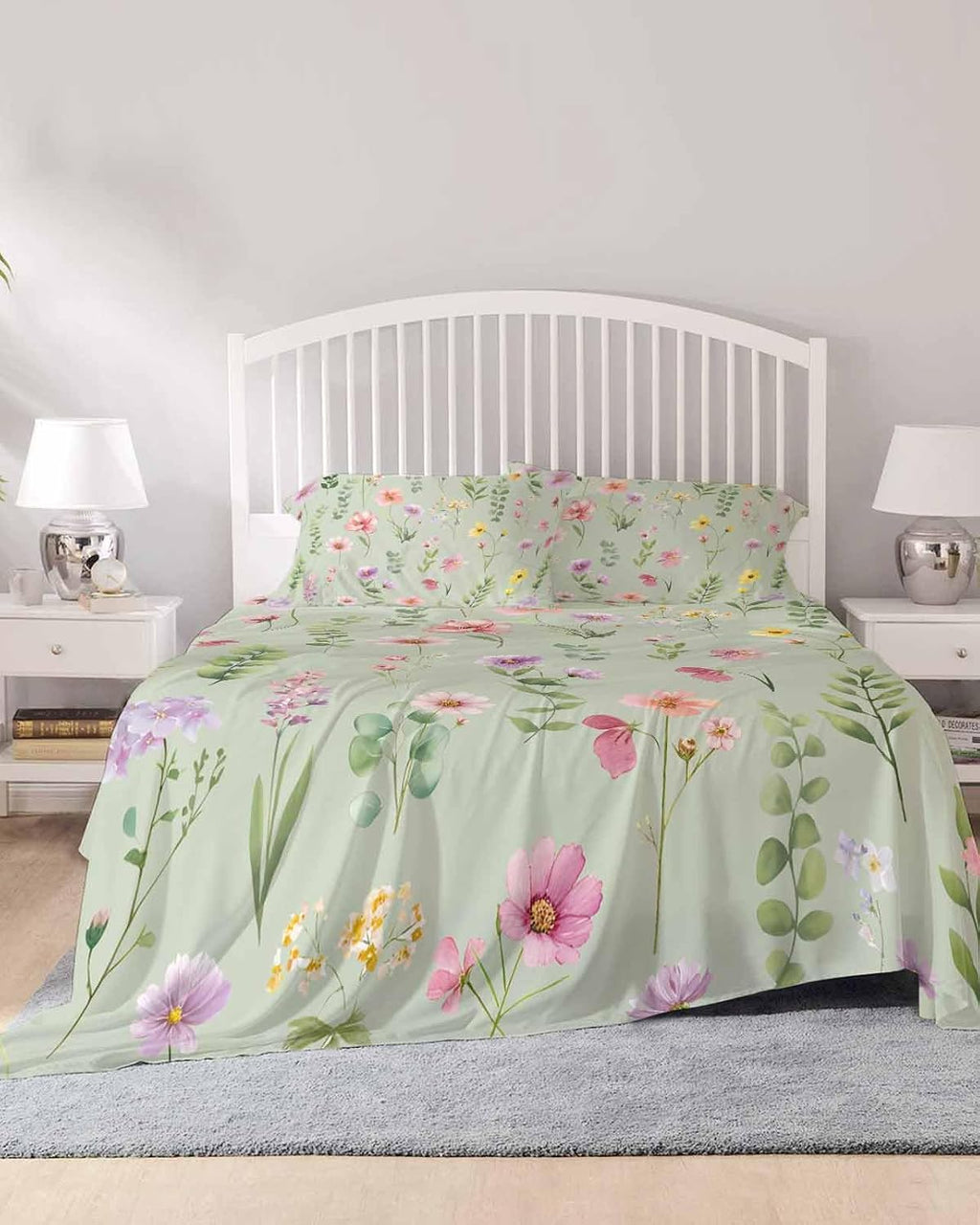 Pink Spring Floral Cal King Sheet Set 4 Piece Bedding - Farmhouse Flowers Sage Green Leaves Breathable Comfy Cooling Bed Sheets & Pillowcase Sets, Hotel Luxury Flat Sheets Deep Pockets Fitted Sheet