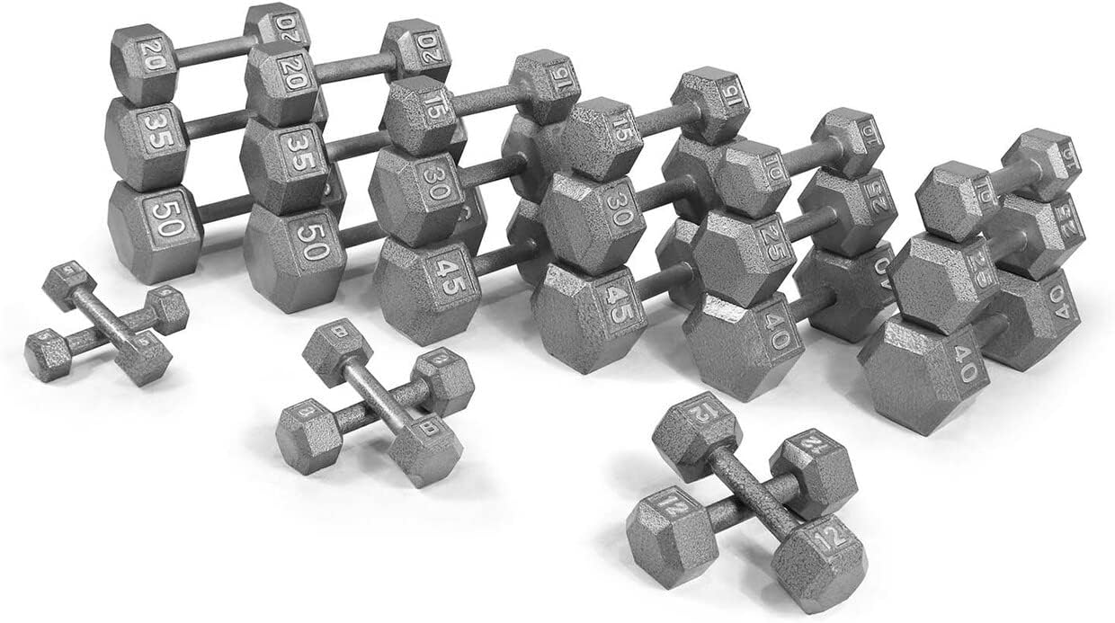 WF Athletic Supply Cast Iron Dumbbell Set, Solid Hexagon Grey Dumbbell Set, Strength Training Free Weights for Women & Men