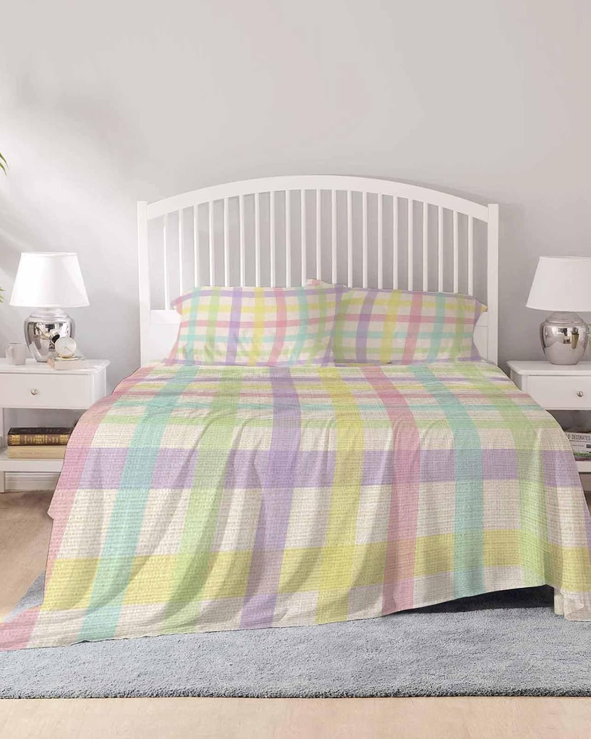 Green Beige Plaid Cal King Sheet Set 4 Piece Bedding - Farmhouse Art Checkered Rustic Breathable Comfy Cooling Bed Sheets & Pillowcase Sets, Hotel Luxury Flat Sheets Deep Pockets Fitted Sheet