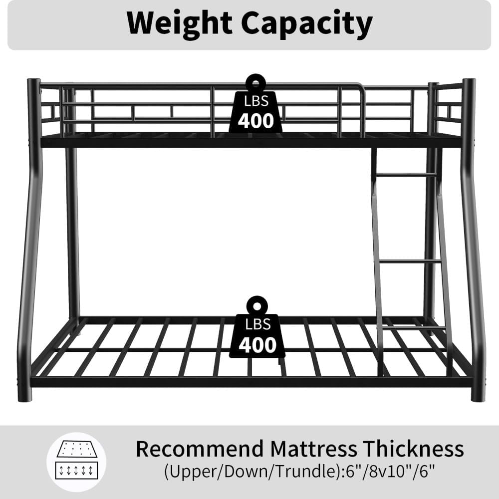 Twin Over Full Metal Bunk Bed, with Ladder & Full-Length Guardrail for Teens Adults, Noise Free (Black + Metal + Twin)